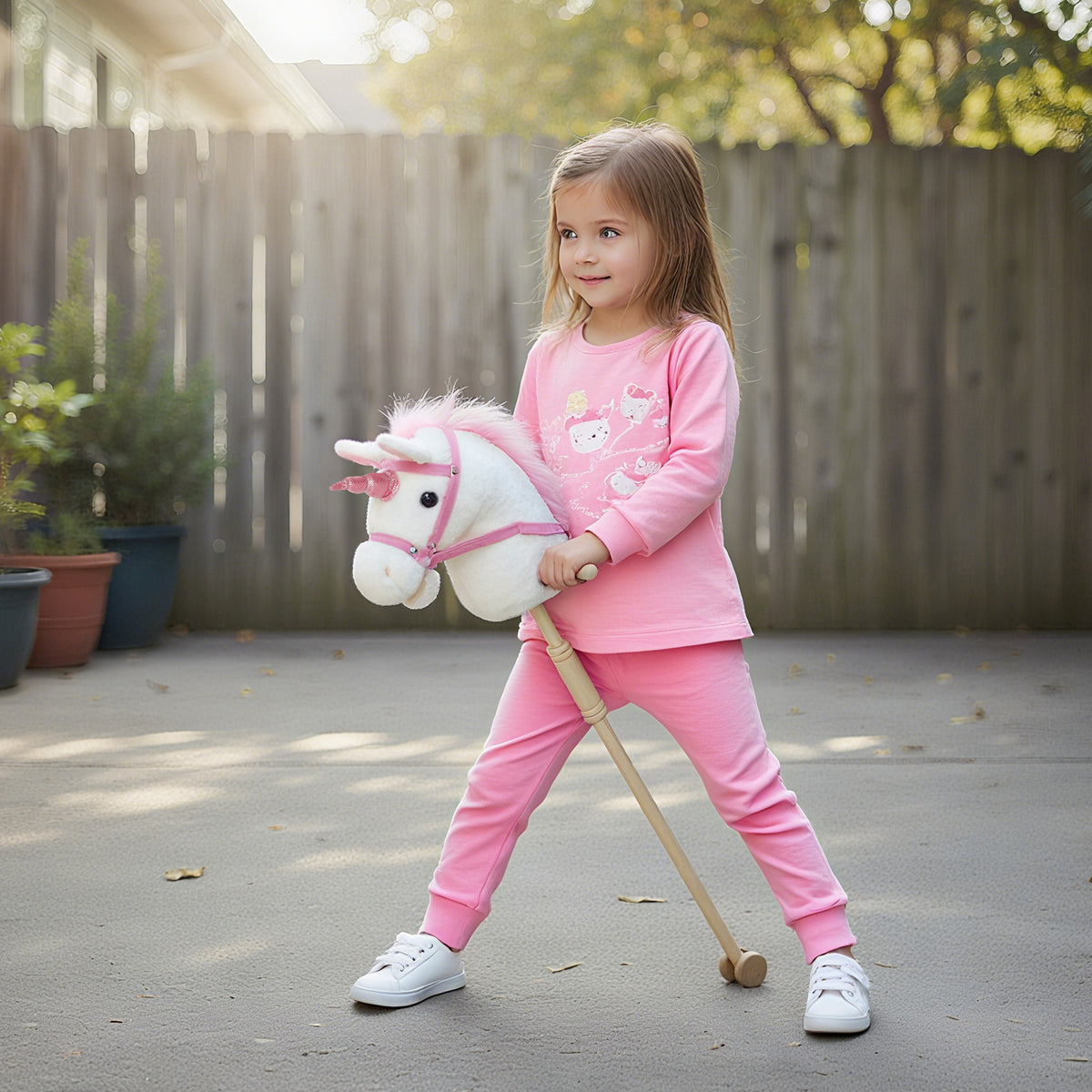 Stick Horse, Plush Handcrafted Hobby Horse with Wood Wheels, Real Pony Neighing and Galloping Sounds for Kids, White