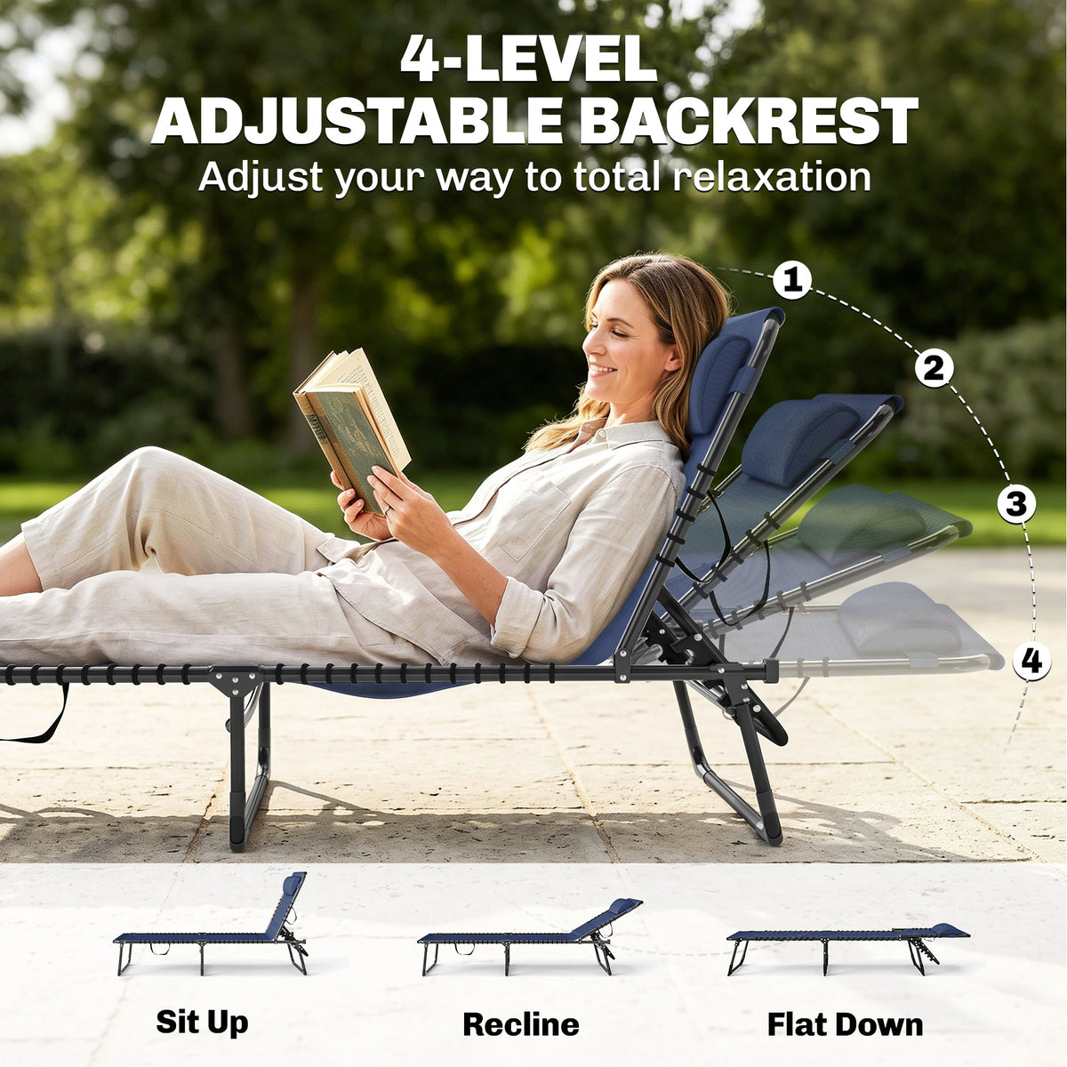 2 Folding Chaise Lounge Pool Chairs with 4-Position Reclining Back, Pillow, Breathable Mesh & Bungee Seat, Dark Blue