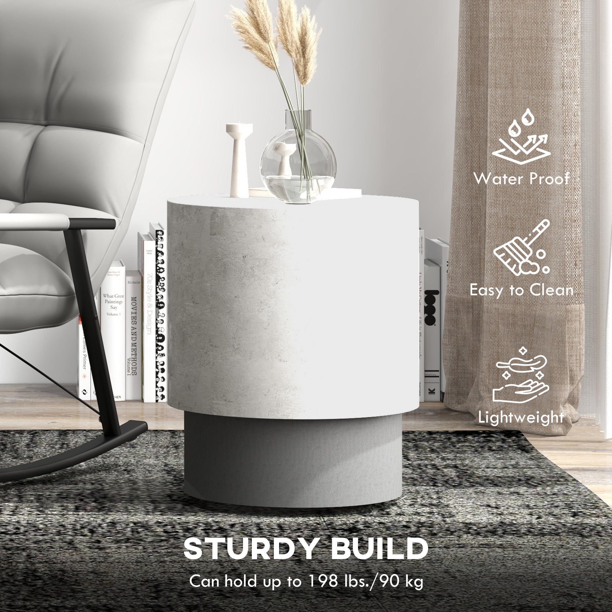 Lightweight Accent Table with Concrete Finish, Round Side Table with 4 Adjustable Feet for Indoor, Outdoor, Gray