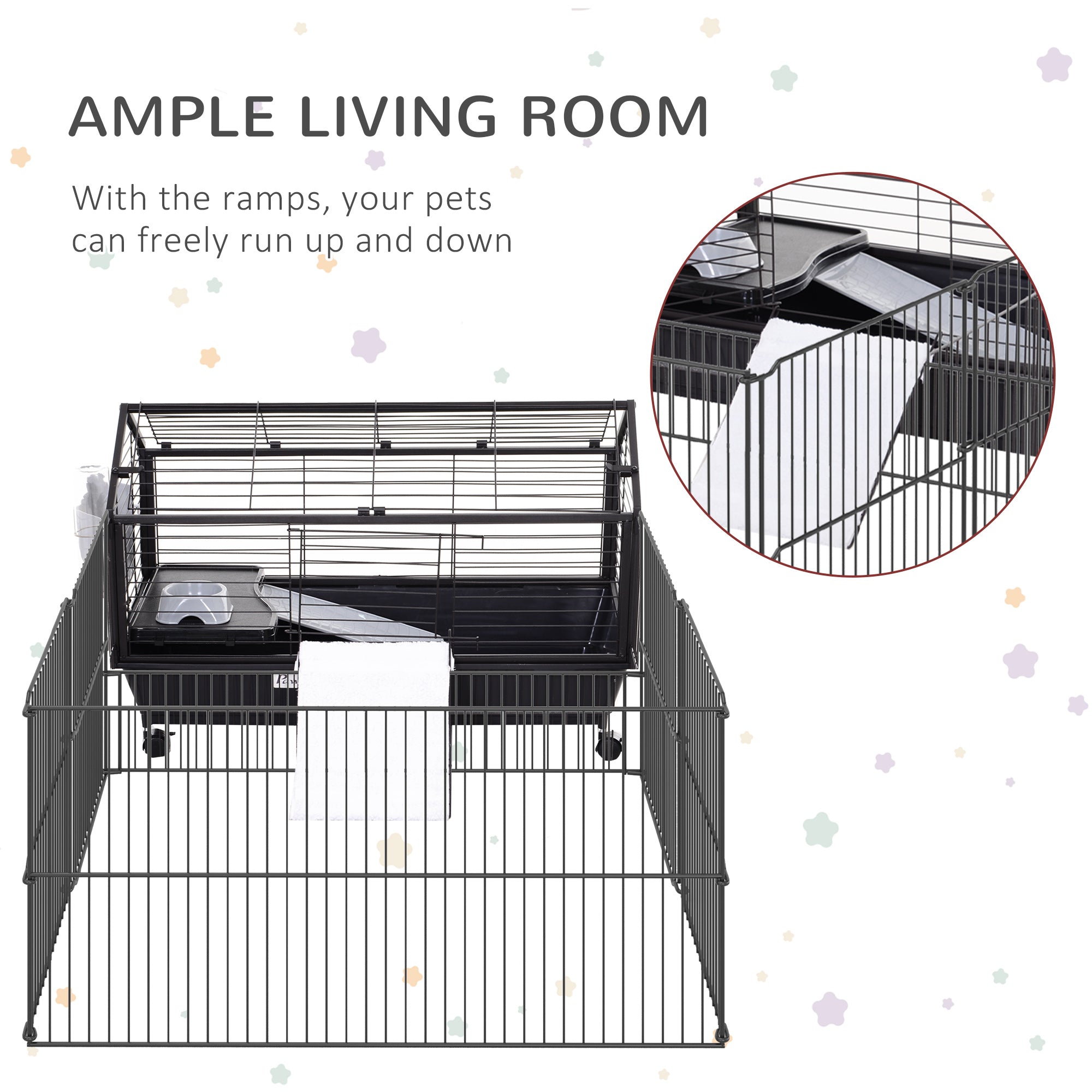 Rolling Metal Rabbit, Guinea Pig, or Small Animal Hutch Cage with Main House and Run - Black and Beige - Image 4