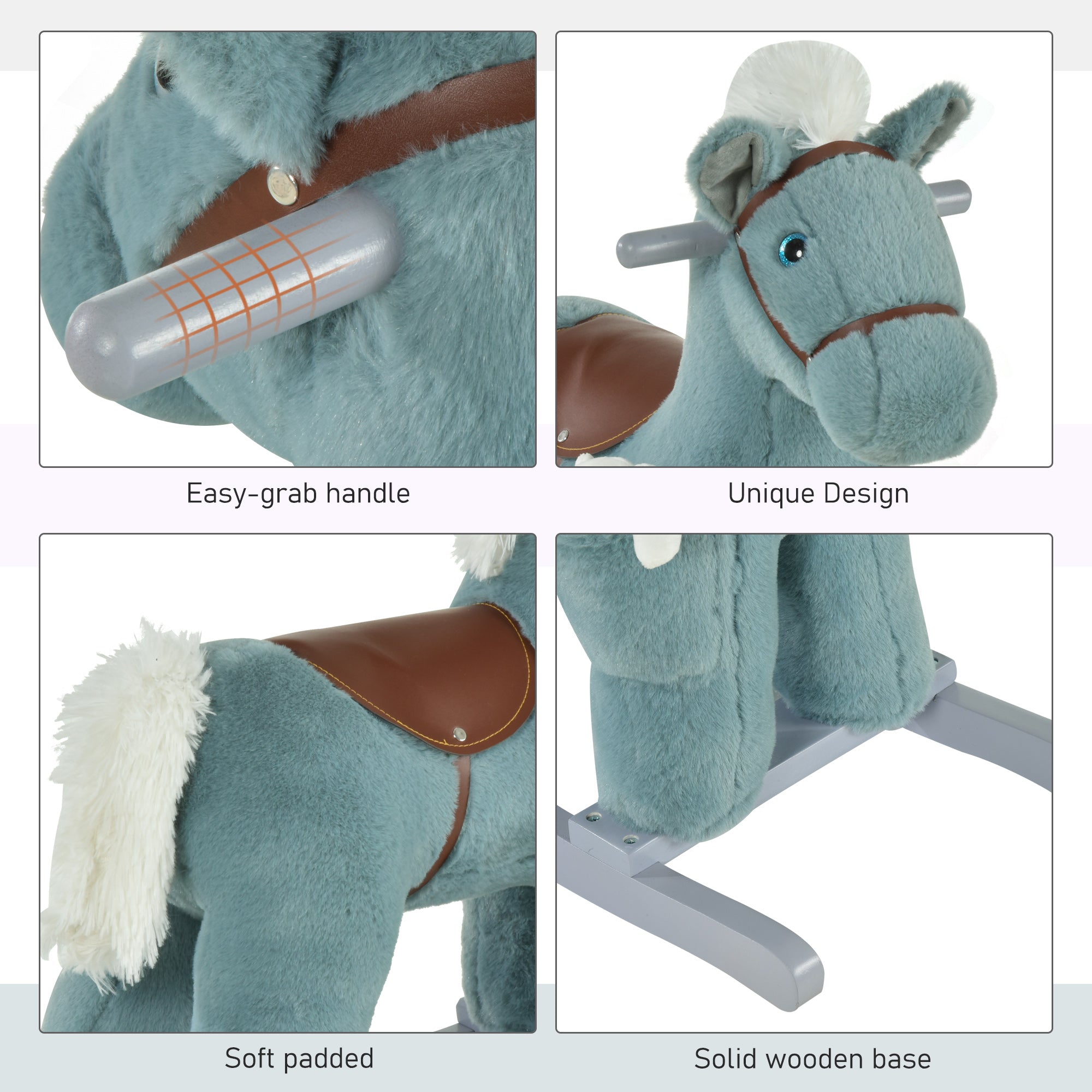 Kids Rocking Horse with Bear Toy, Plush Animal Rocker with Fun Realistic Sounds for Toddler 18-36 Months, Blue
