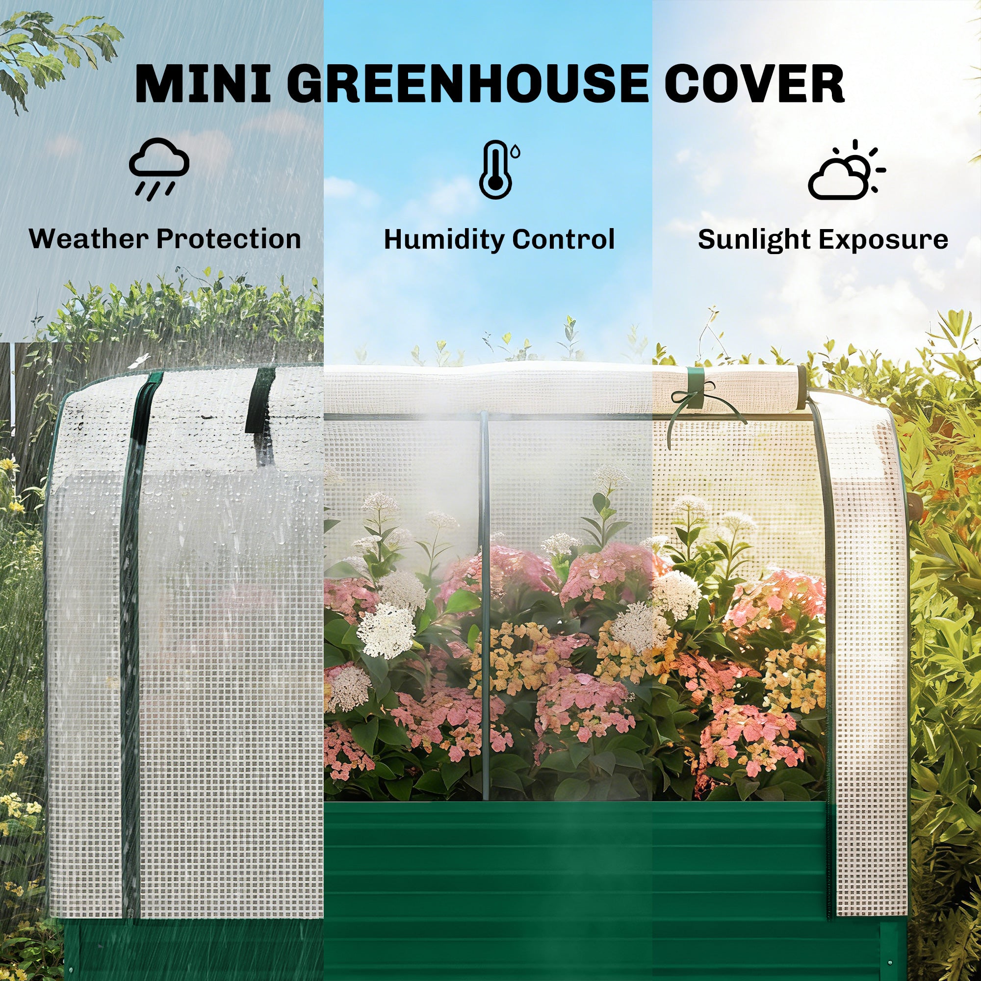 Galvanised Raised Garden Bed with Greenhouse Cover, Metal Elevated Garden Bed with Bed Liner, Bottom Shelf, Green - Green - Image 4