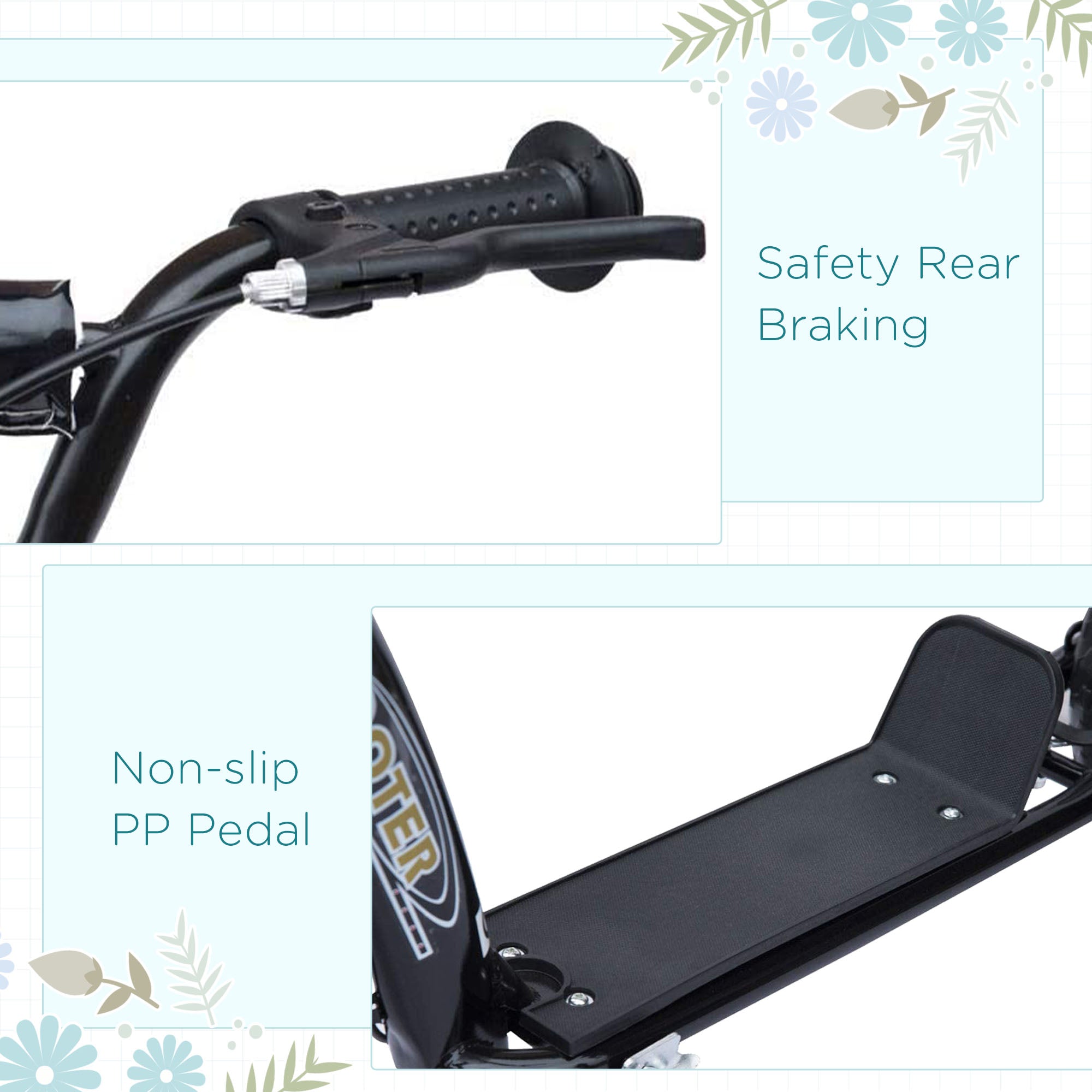 Kick Scooter for Kids 5-12 Years Old with Adjustable Height Handlebar, Non-slip Footplate, Big Wheels, Rear Brake, Black