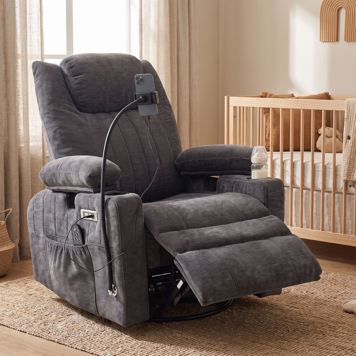 Swivel Rocker Power Recliner Chair with Massage Heat 2D Armrests Adjustable Headrest Phone Holder USB Port, Dark Gray