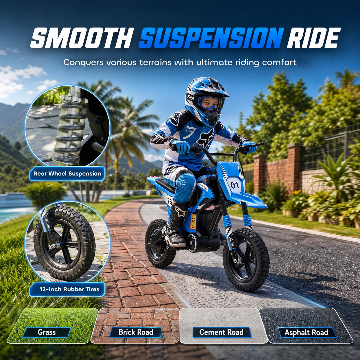 24V Kids Electric Motorcycle with 180W Brushless Motor, Suspension, Soft Start, 12" Rubber Tires for 6+ Years, Blue