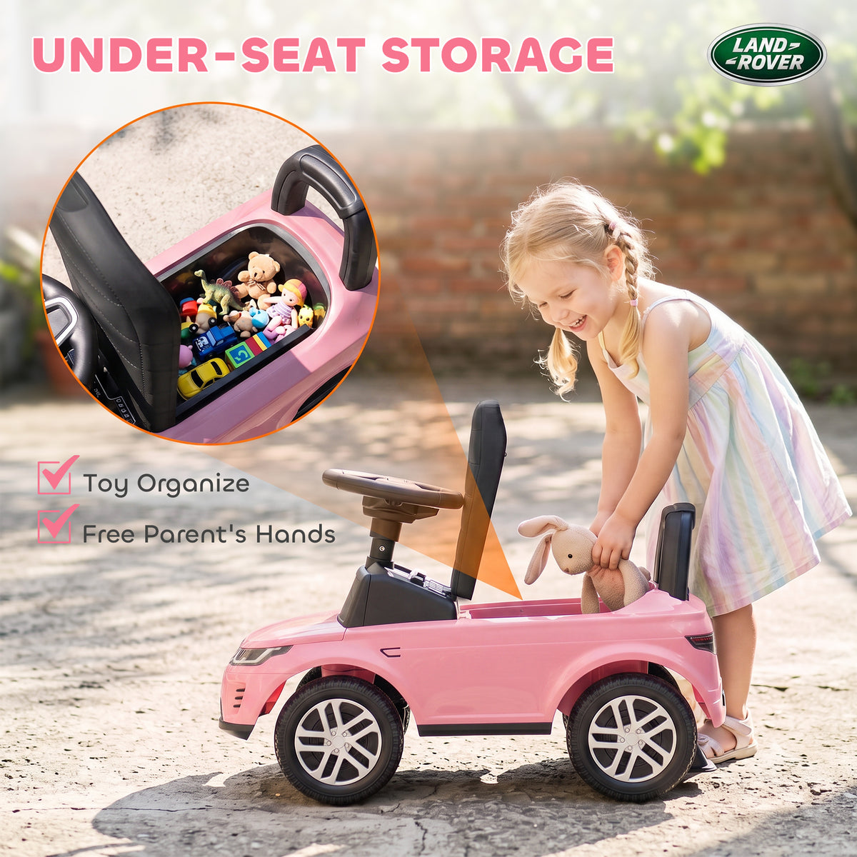 Qaba Land Rover Licensed Ride On Car for Kids, Toddler Baby Push Car with Under Seat Storage, for 18-36 Months, Pink