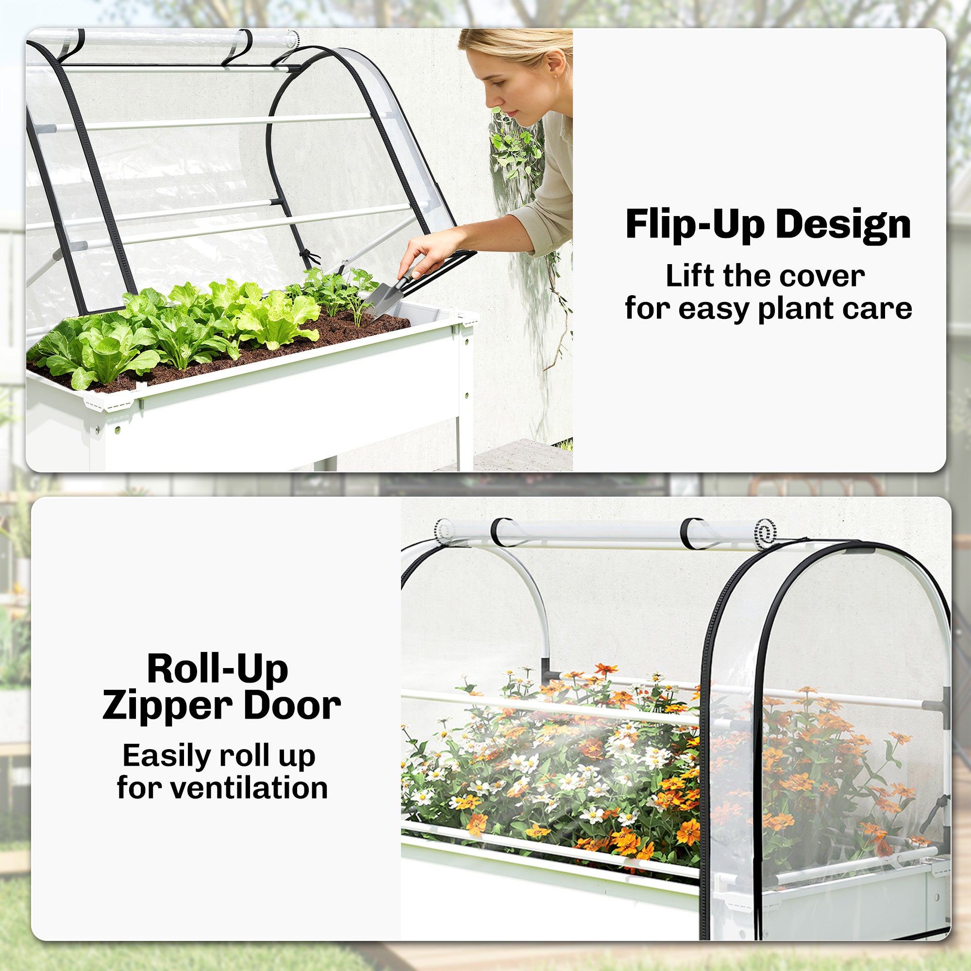 Raised Garden Bed with Flip-Up Greenhouse Cover, Metal Elevated Garden Bed with Legs and Drainage Hole, White - White - Image 6