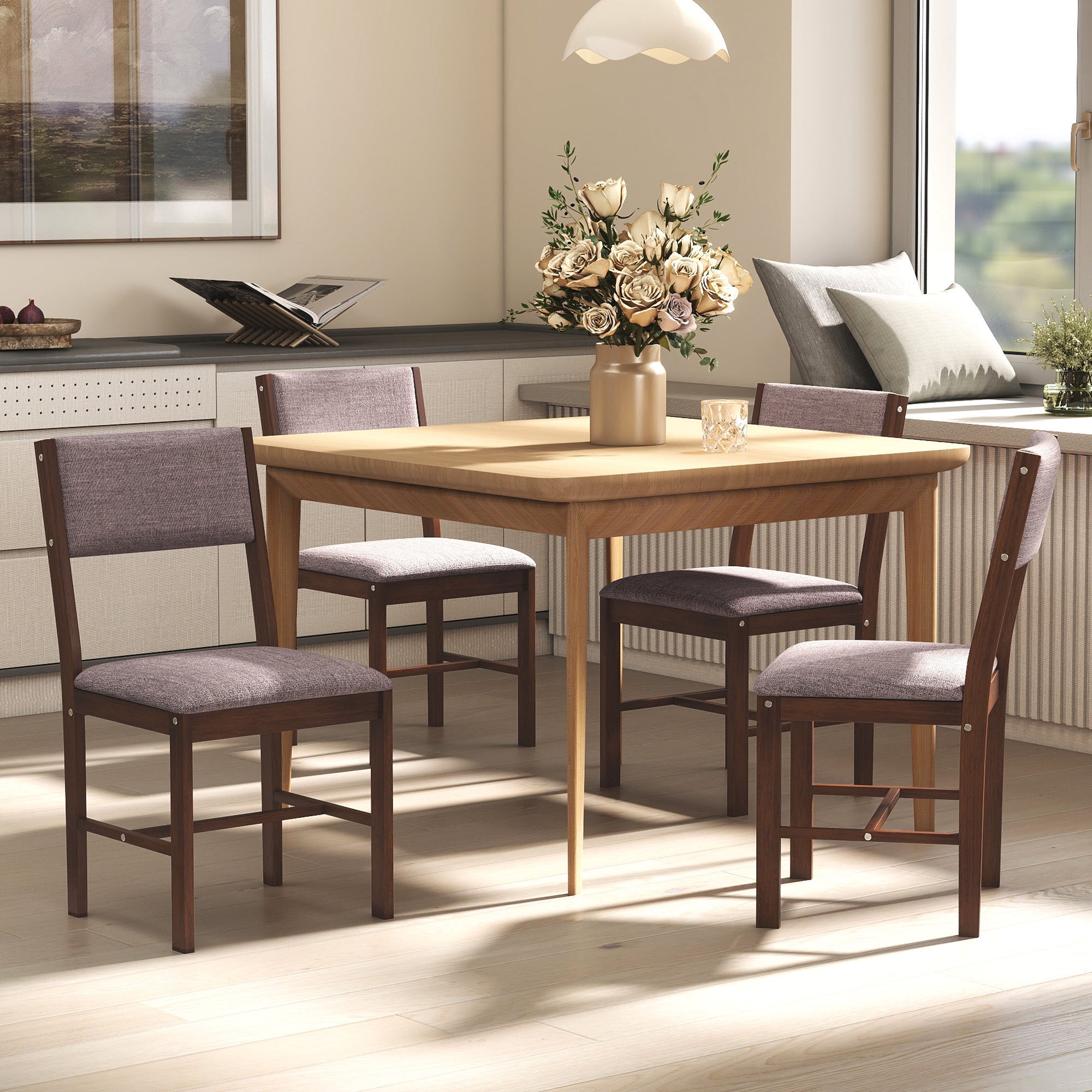 Modern Dining Chairs Set of 4, Linen Fabric Kitchen Chairs with Rubberwood Legs for Dining Room, Living Room, Brown