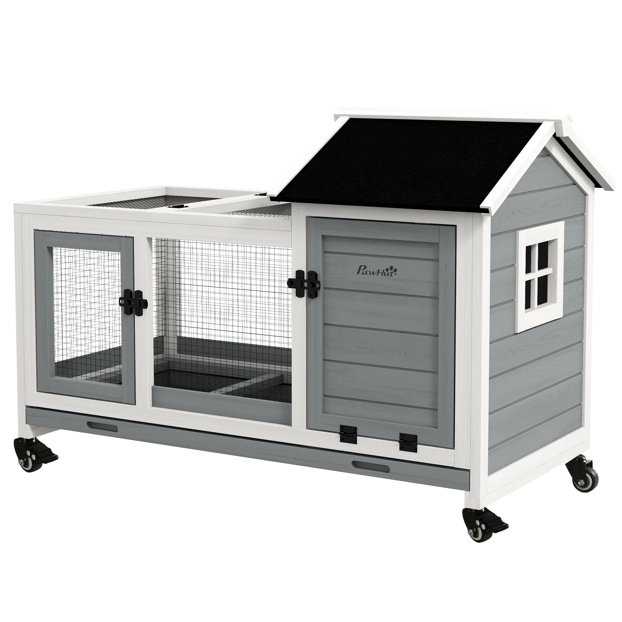 Wooden Rabbit Hutch with Wheels, Run, Slide-out Tray for Small Animals, Guinea Pig, Blue - Gray