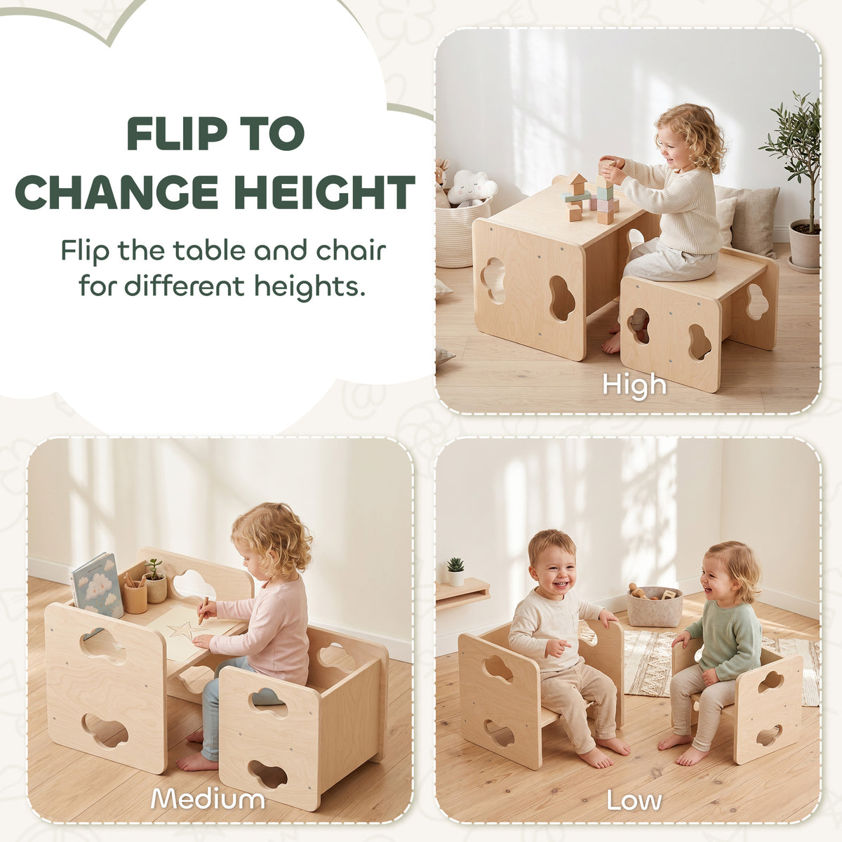 Montessori Kids Table and Chair Set with 3-Level Heights for 18-36 Months Toddlers, Learning, Play and Mealtime, Natural