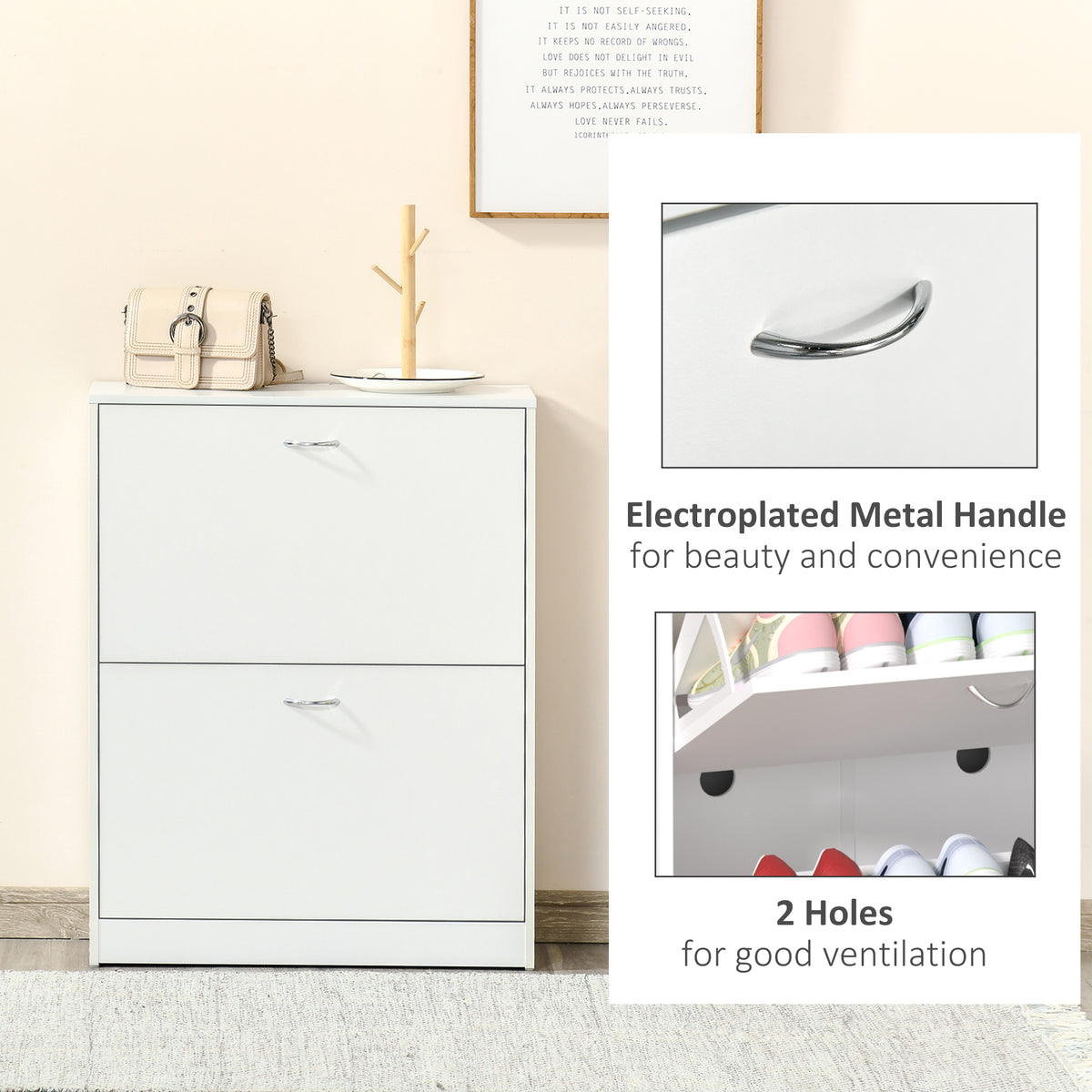 Shoe Cabinet with 2 Flip Drawers, Narrow Shoe Storage Cabinet with Adjustable Shelves for Entryway, Hallway, White