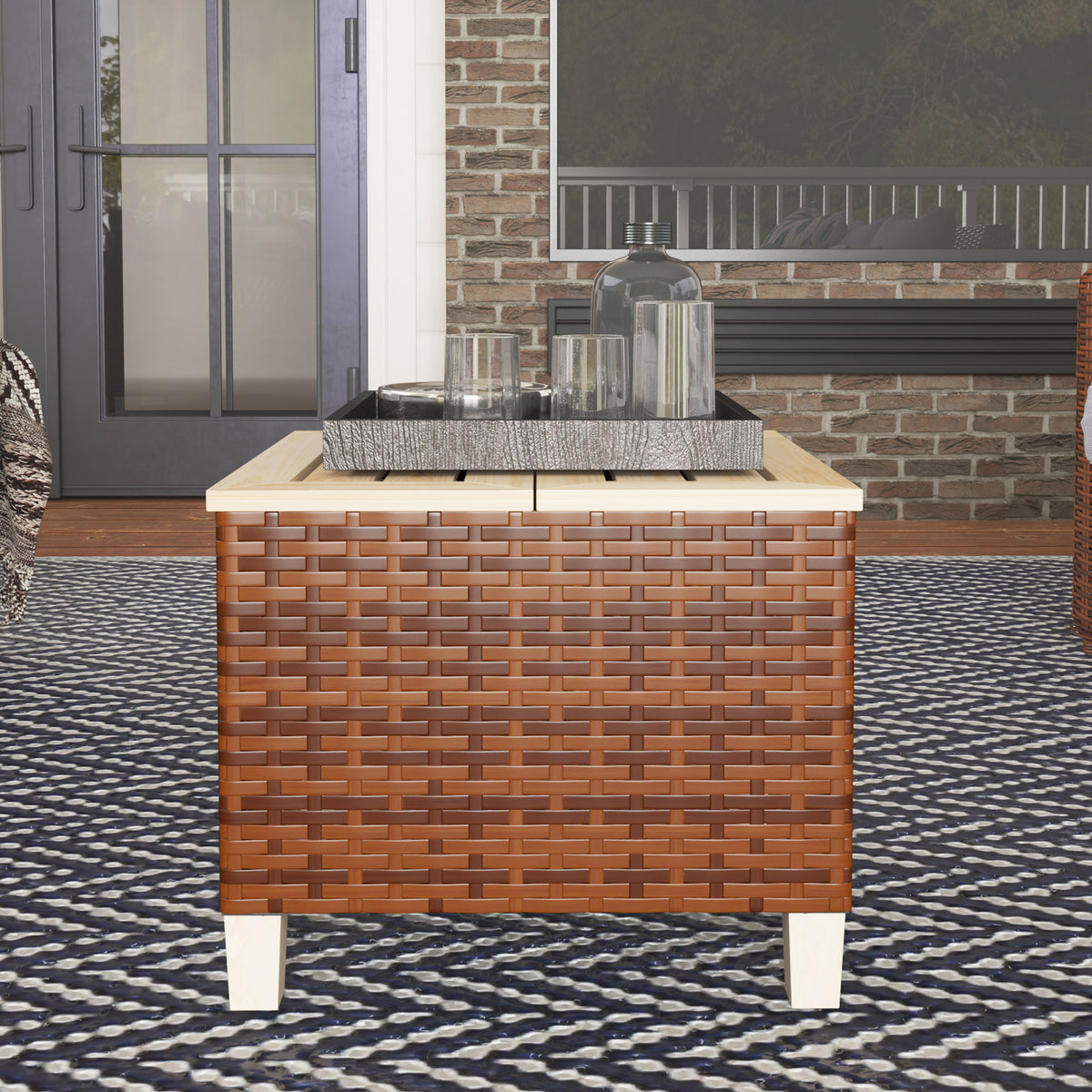 Outdoor Side Table with PE Rattan, Patio End Table with Natural Fir Wood Tabletop and Legs, Weather Resistant Accent Table for Patio Pool Porch, Brown