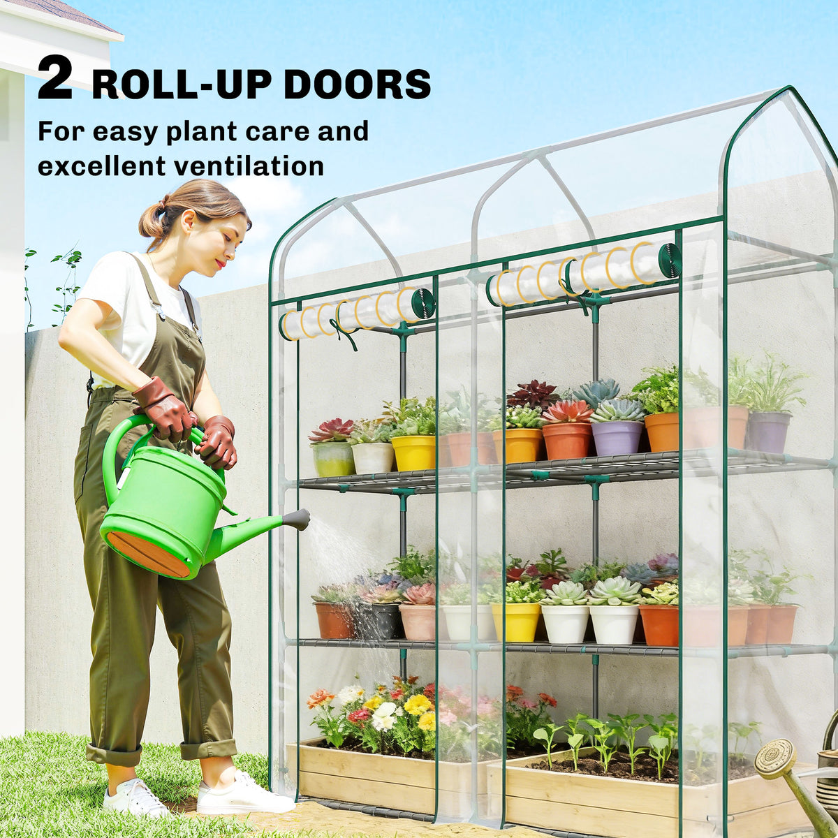 3 Tier Mini Greenhouse, Small Portable Greenhouse with 2 Roll-up Doors, 56.3" x 18.1" x 65", Clear