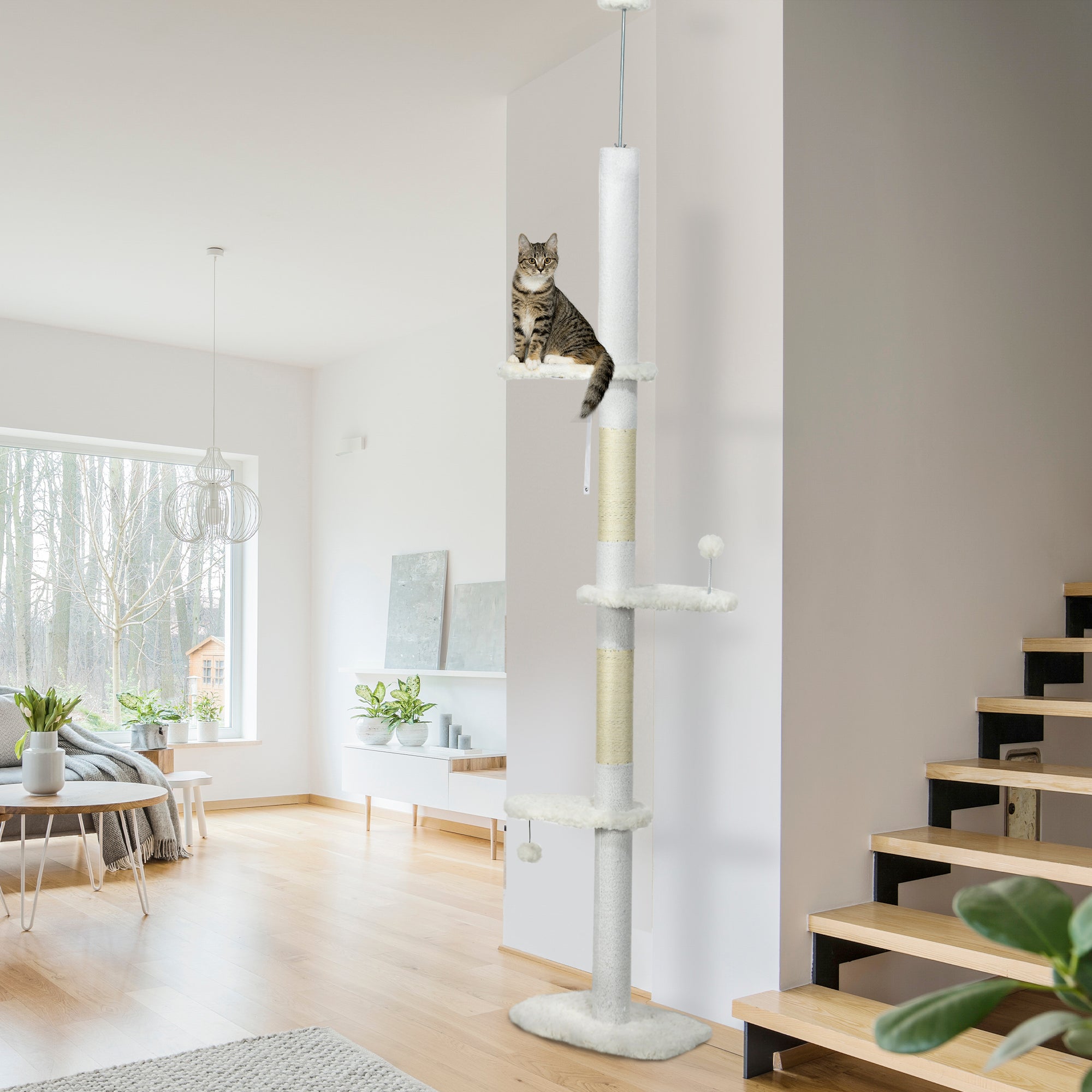 8.4' Floor to Ceiling Cat Tree, Adjustable Height, White - White - Image 2
