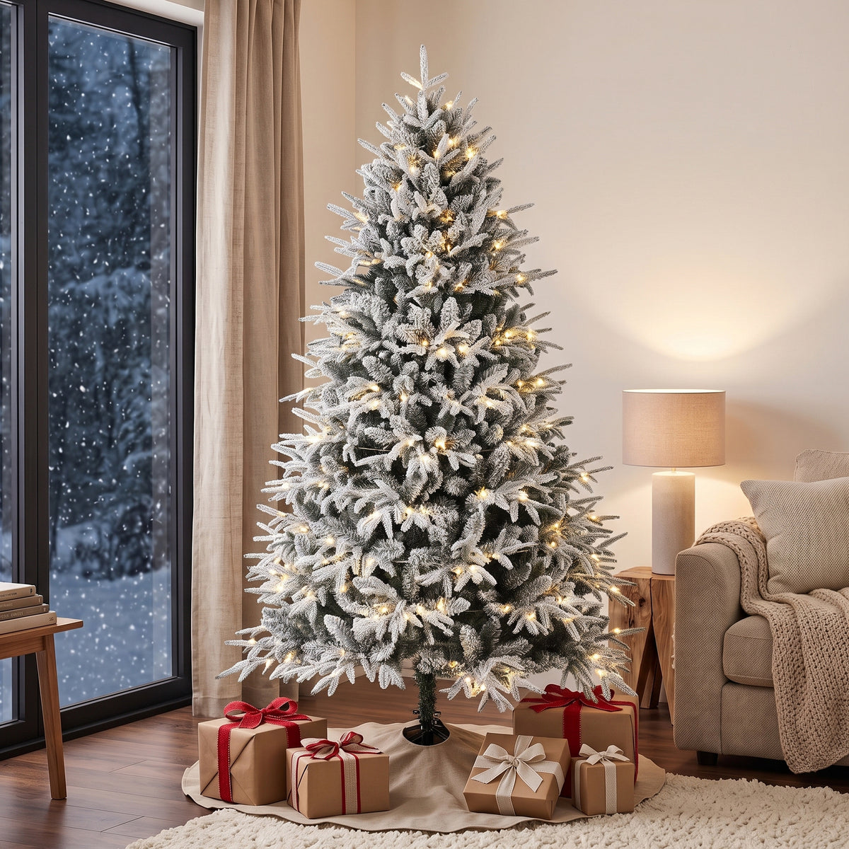 6ft Flocked Prelit Christmas Tree, Hinged Xmas Tree with 2015 Tips, 260 Warm White LED Lights, Green White