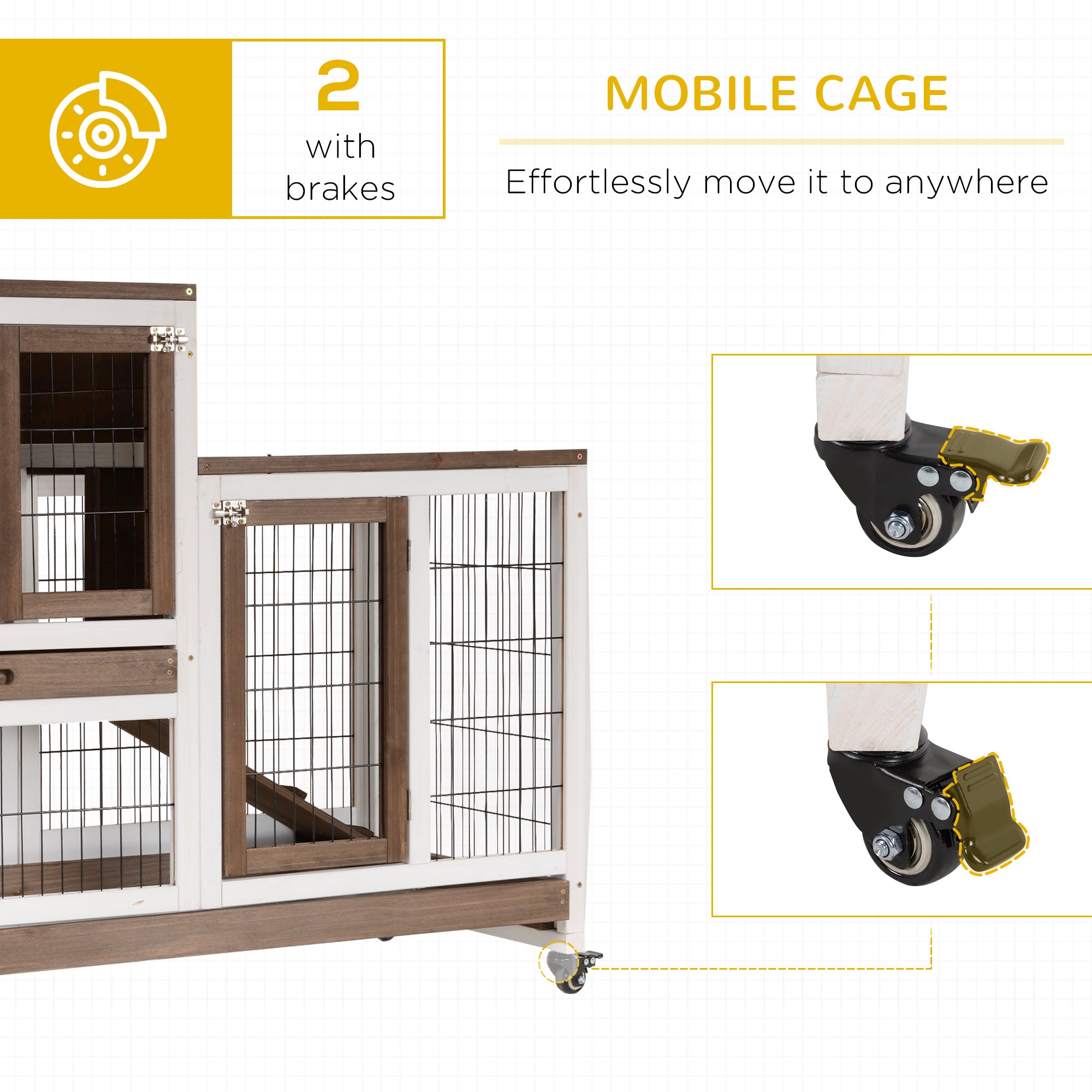 Wooden Rabbit Hutch Elevated Bunny Cage Indoor Small Animal Habitat with Enclosed Run with Wheels, Ramp, Removable Tray for Rabbits, Chickens, Ducks, Guinea Pigs, Brown - Brown - Image 7