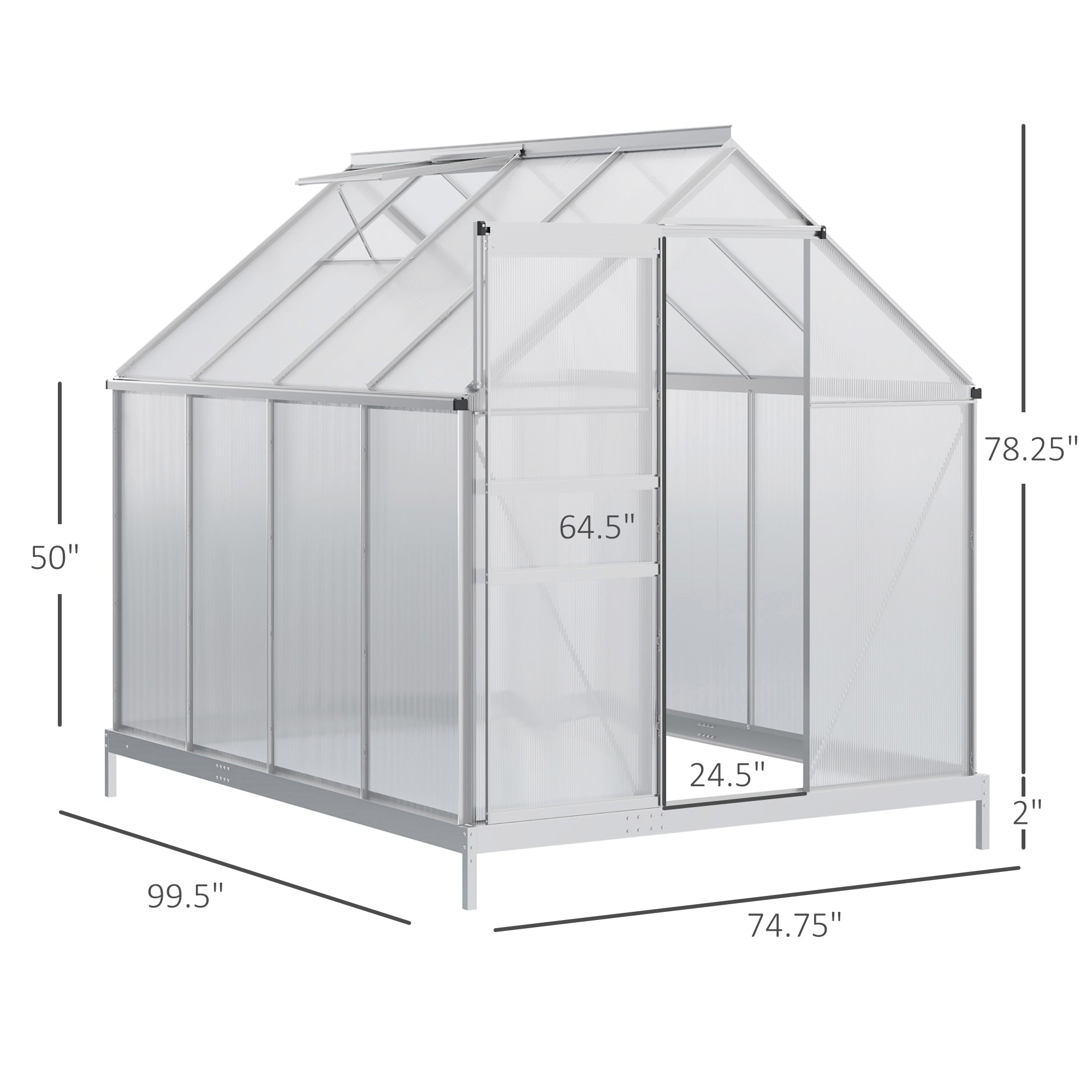 8' x 6' Aluminum Outdoor Greenhouse, Polycarbonate Walk-in Garden Greenhouse Kit with Adjustable Roof Vent, Rain Gutter and Sliding Door for Winter, Silver - Silver - Image 3