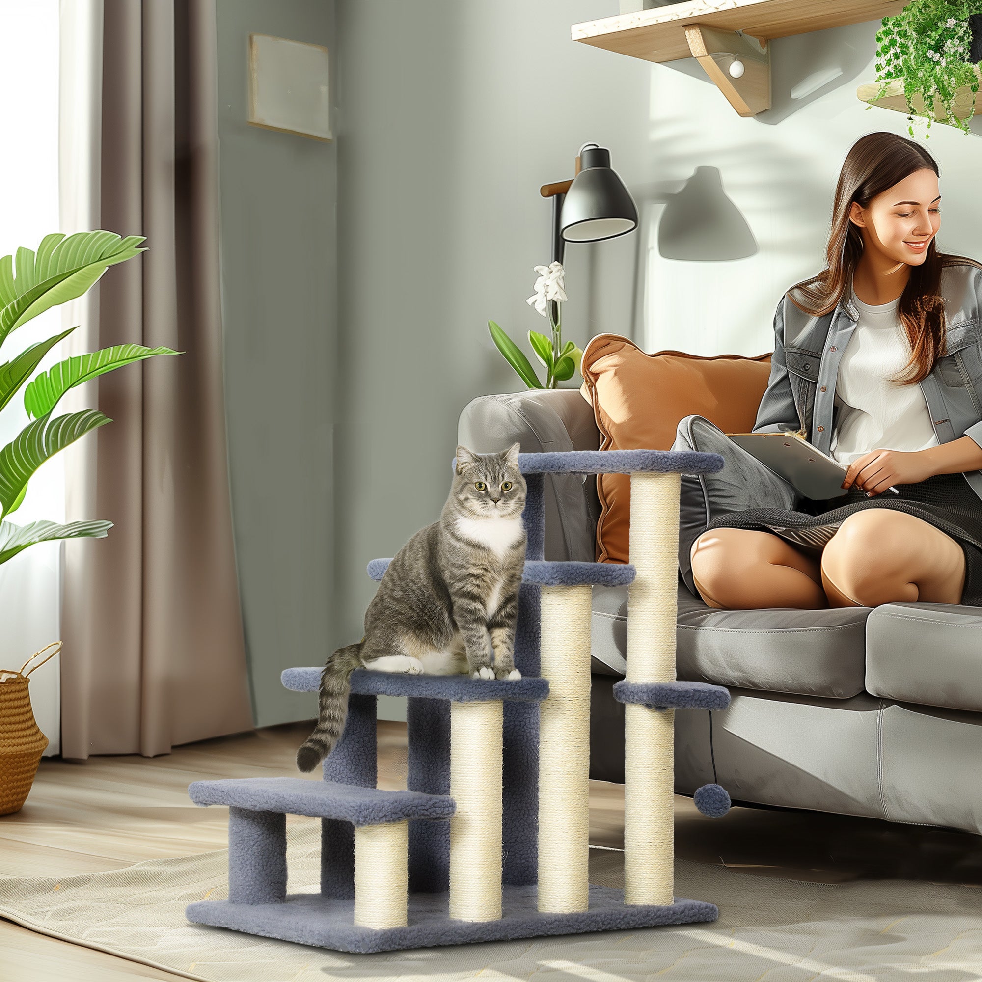 4 Levels Cat Steps with Scratching Posts for High Bed, Sofa, Gray - Gray - Image 2