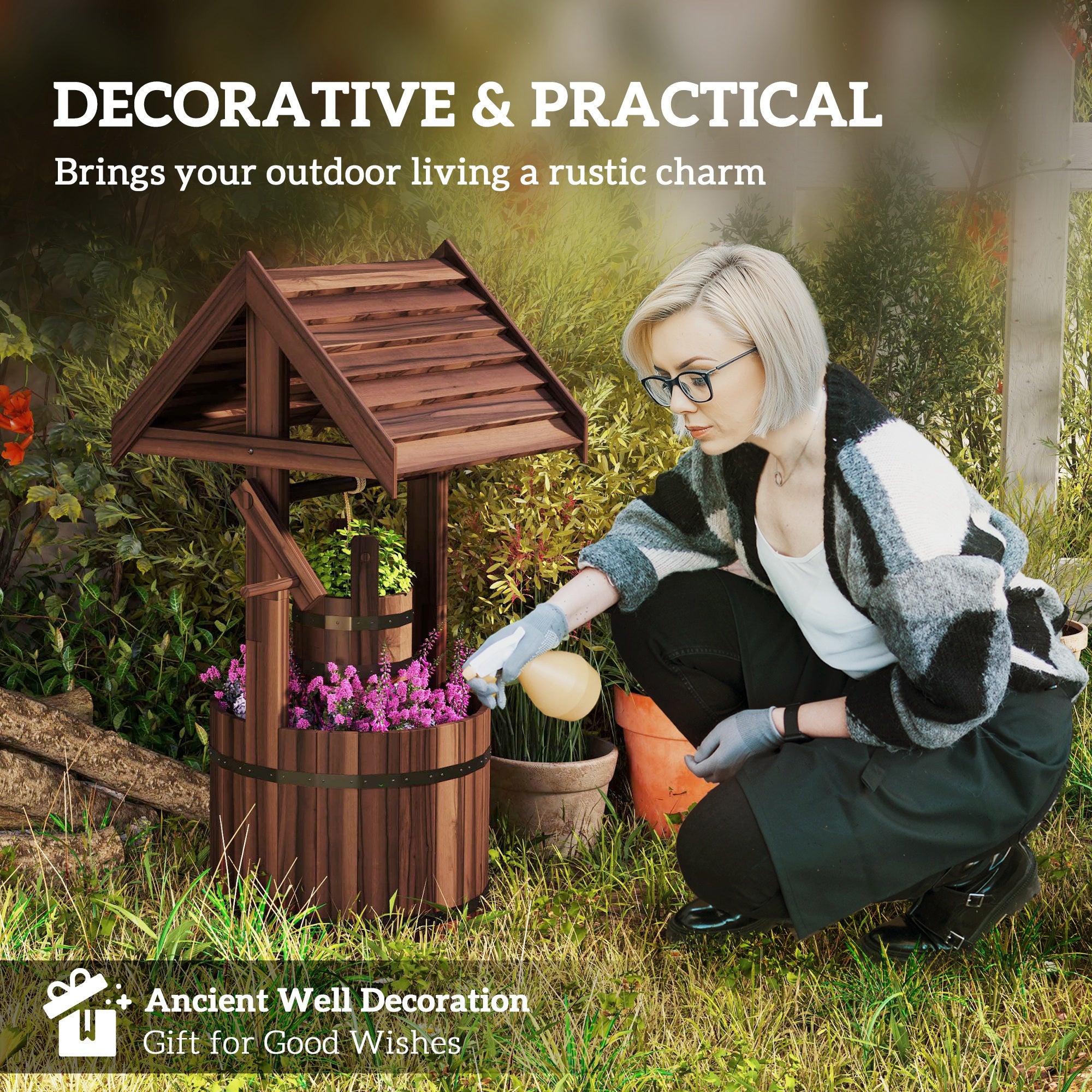 Wood Wishing Well for Outside with Hanging Bucket, Wishing Well Planter with Drain Hole for Garden Patio, Carbonized - Carbonized - Image 4