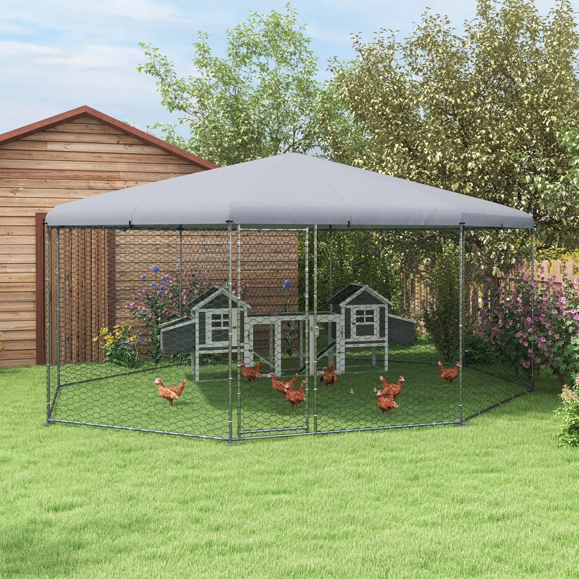 17.1 ft x 15.7 ft Chicken Run for 19-25 Chickens with Cover - Silver - Image 2
