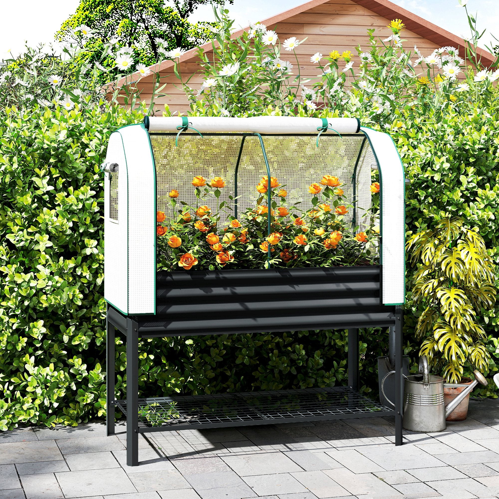 Galvanised Raised Garden Bed with Greenhouse Cover, Metal Elevated Garden Bed with Bed Liner, Bottom Shelf, Black - Black - Image 2