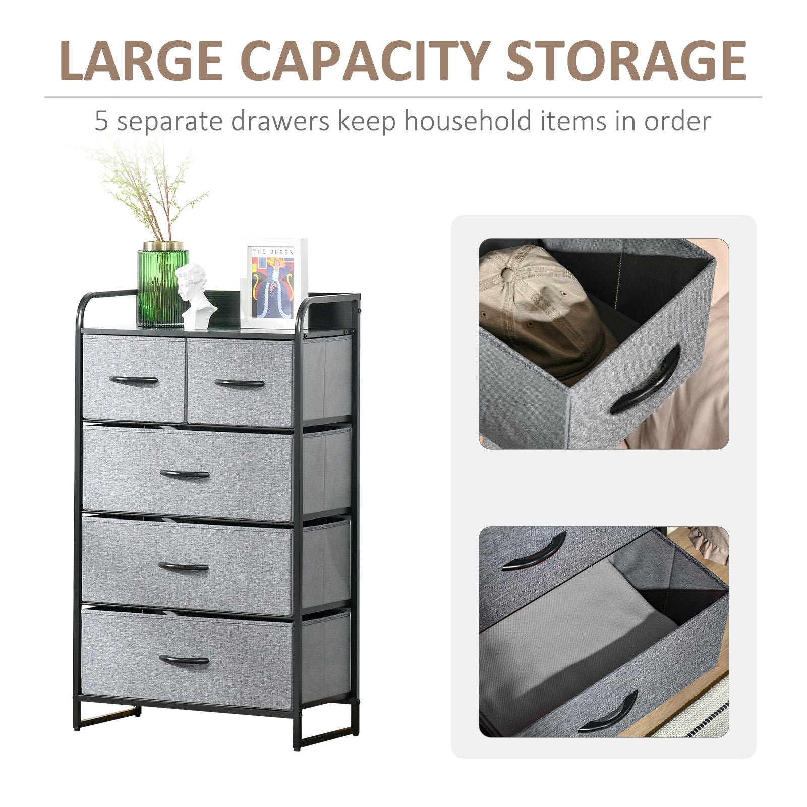 5-Drawer Dresser Tower Chest of Drawers Organizer with Steel Frame Gray