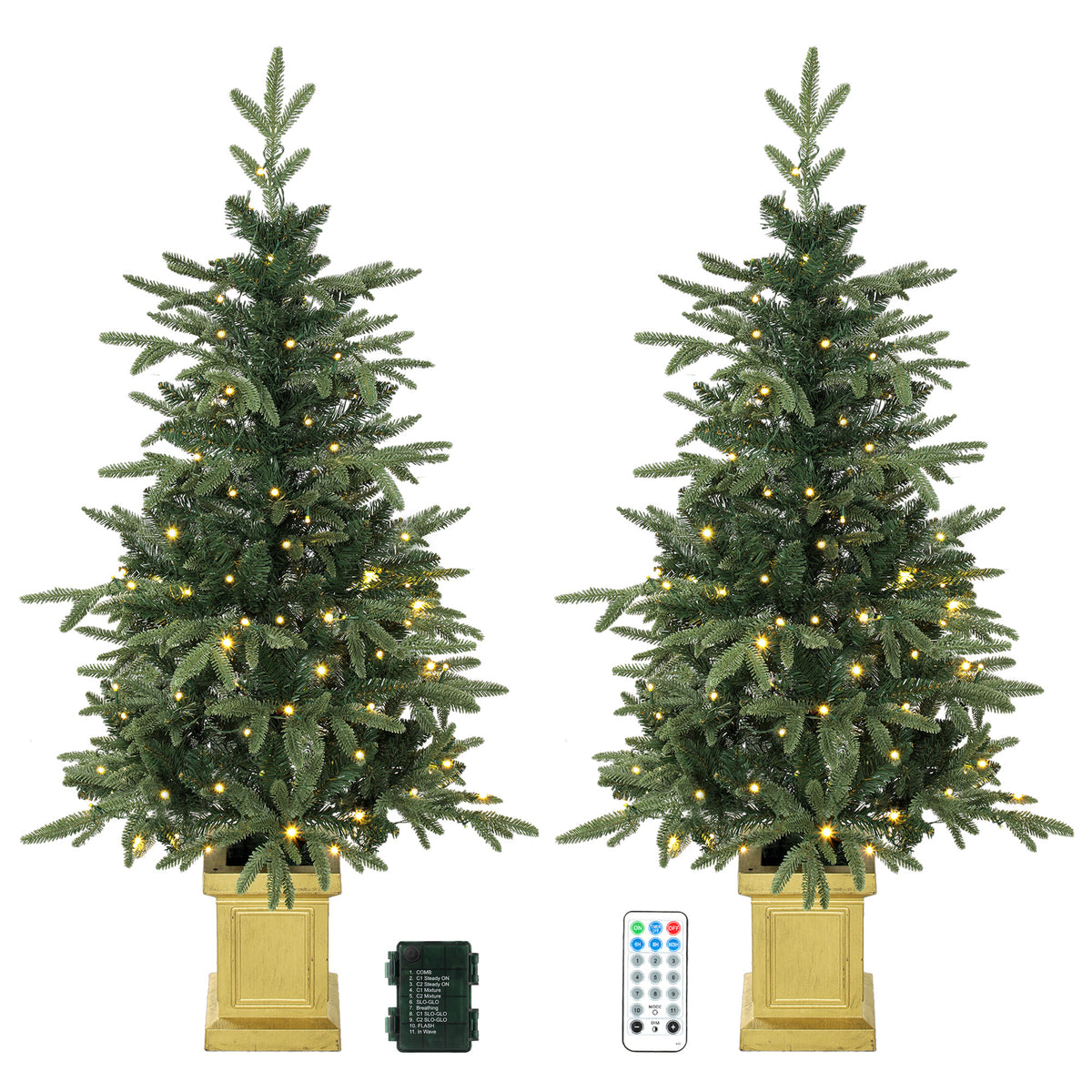 4ft Prelit Christmas Tree with Dual-Color LEDs, Remote, Set of 2 Aspen Fir, Battery-Operated, 11 Modes, Decorative Pot