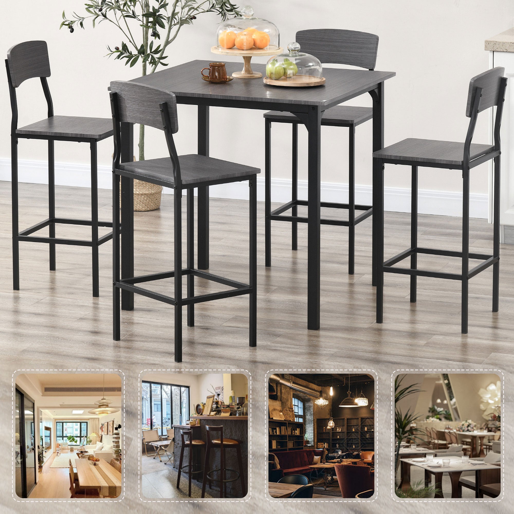 5-Piece Counter Height Bar Table with Space-Saving Design, Square Kitchen Table and Chairs Set with Footrest, Metal Legs, Industrial Dining Table Set for 4, Gray