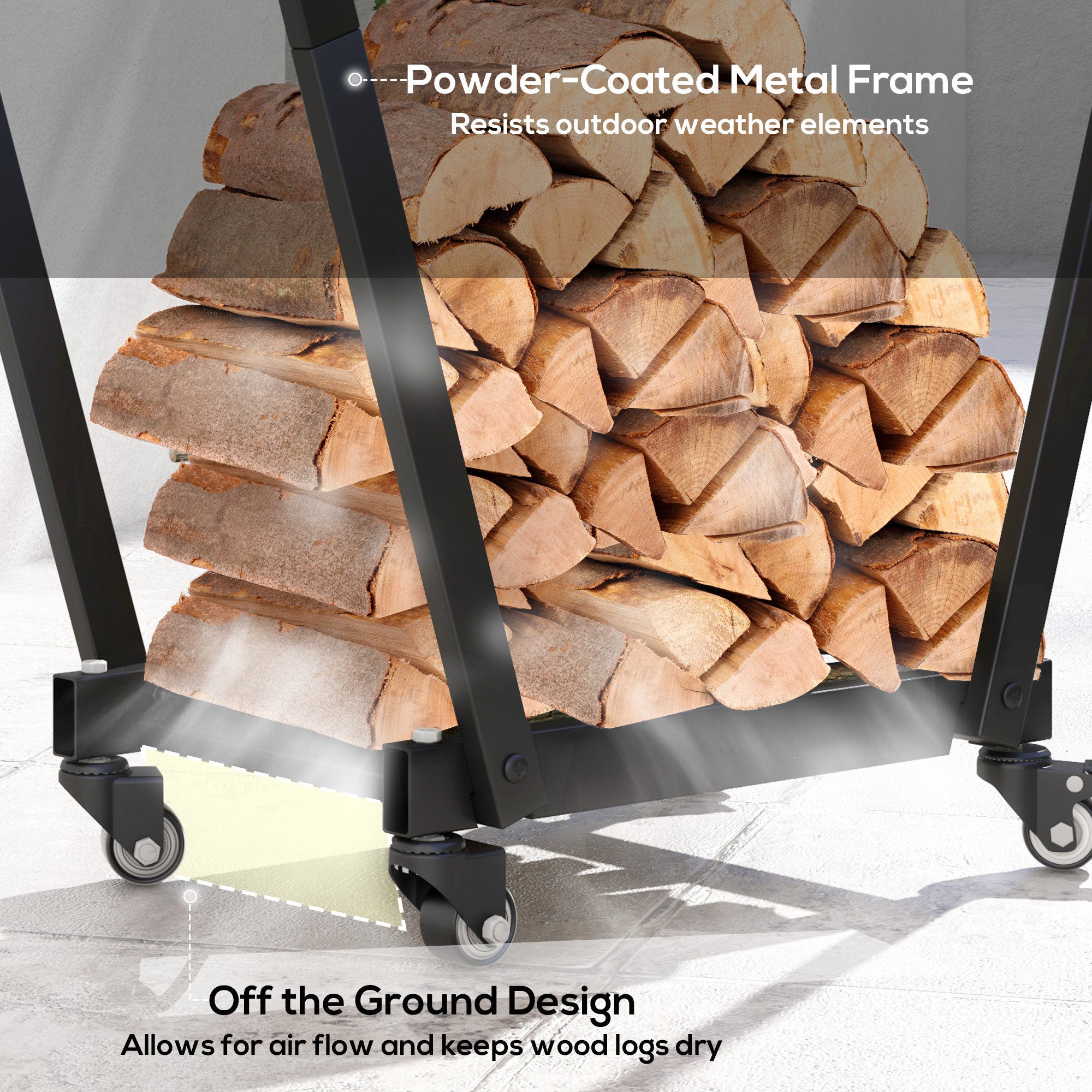 Firewood Rack with Wheels, Metal Log Holder with Kindling and Tool Hooks, Indoor/Outdoor, 31.1" x 11.8" x 31.9", Black