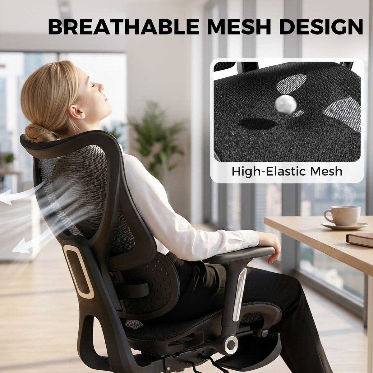 Ergonomic Office Chair with Lumbar Support, Mesh Reclining Desk Chair with Footrest, Adjustable High Back, Black