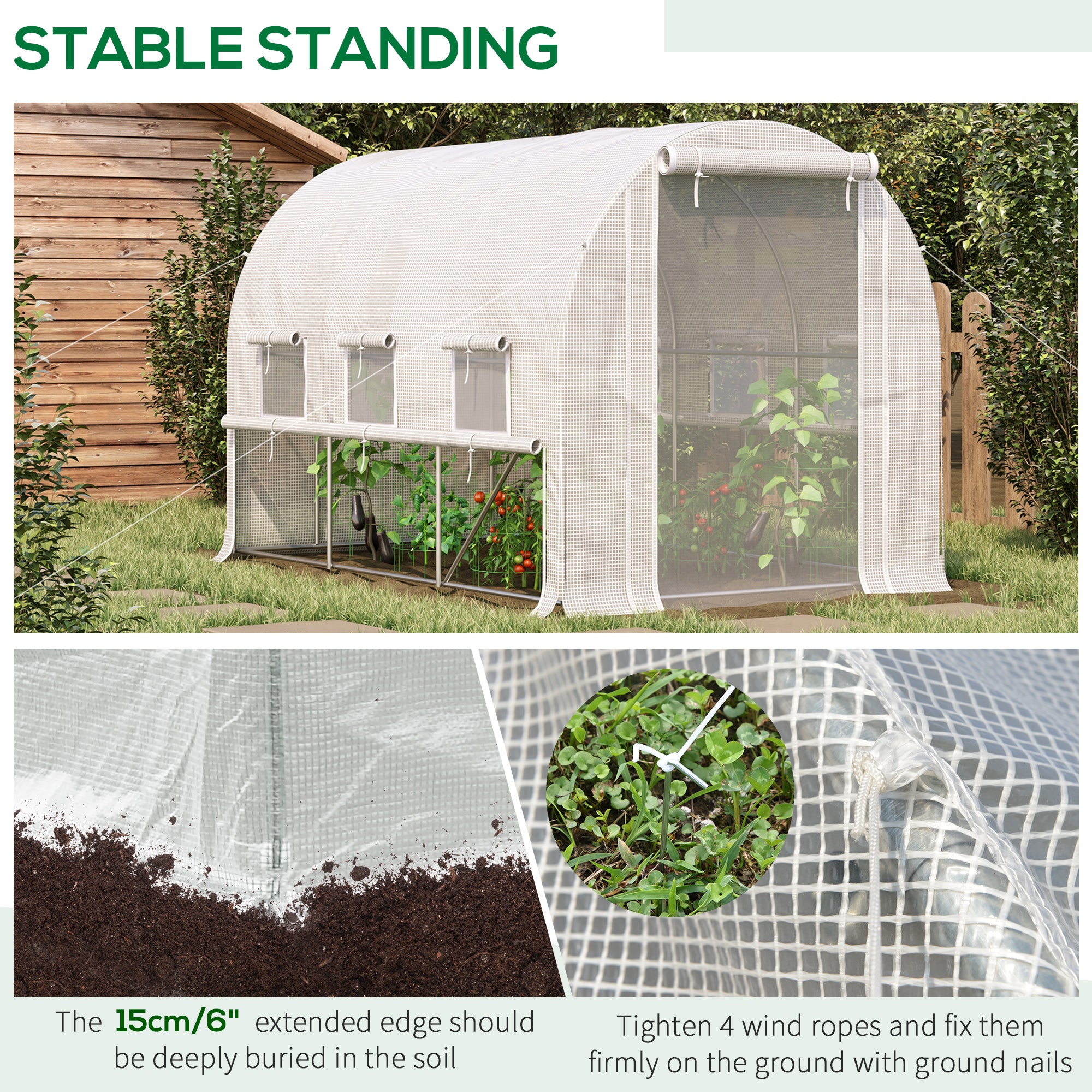 116.25" x 78.75" x 78.75" Walk-in Tunnel Greenhouse, Mesh Windows, Bottom Vents, Zippered Door, PE Cover, Heavy Duty Steel Frame, White - White - Image 6