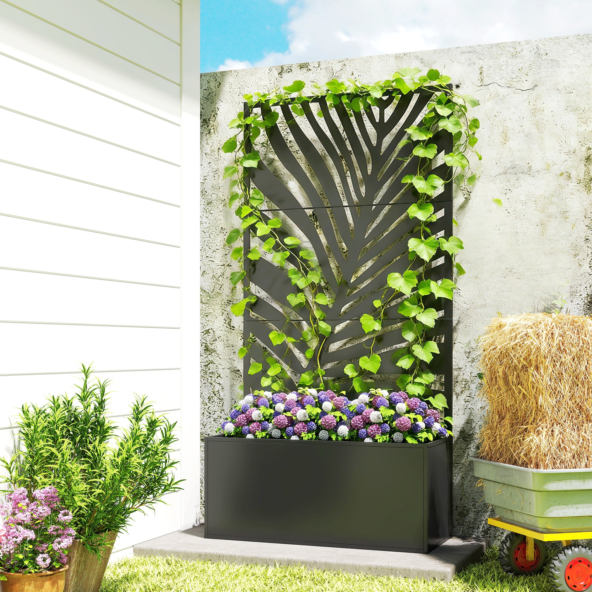 Metal Planter Box with Trellis, Raised Garden Bed with Trellis Large Leaf Cut-Out Privacy Screen for Climbing Plants - Black - Image 2