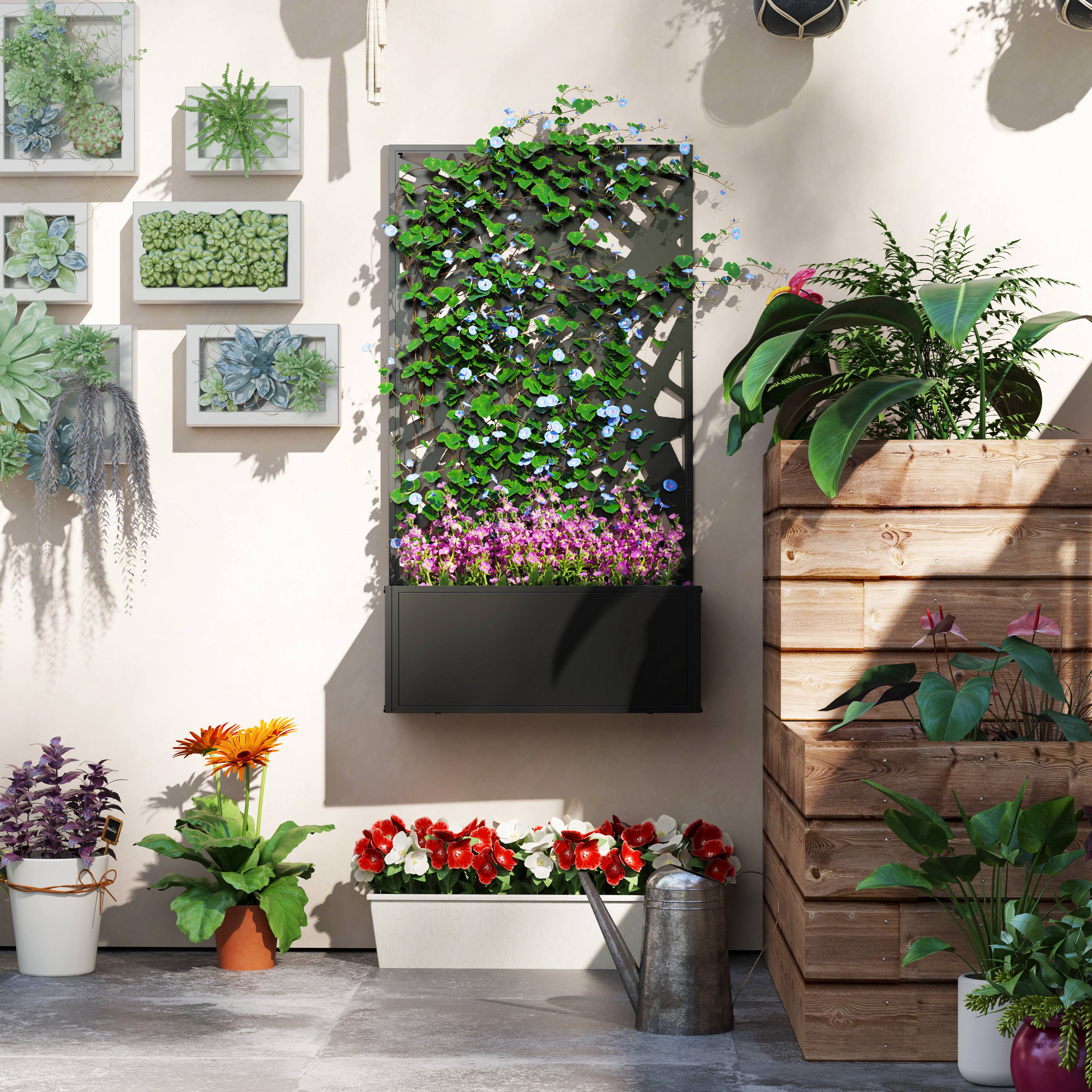 Metal Planter Box Raised Garden Bed with Decorative Privacy Screen, Wall-mounted or Freestanding, 24" x 9.1" x 44.5" - Black - Image 7