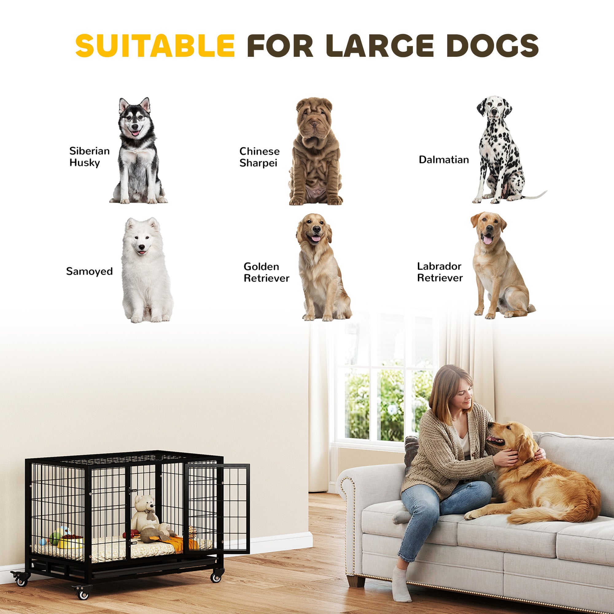 36" Heavy Duty Dog Crate with Removable Tray, Lockable Wheels and Double Door, for Medium and Large Dogs, Black - Black - Image 7