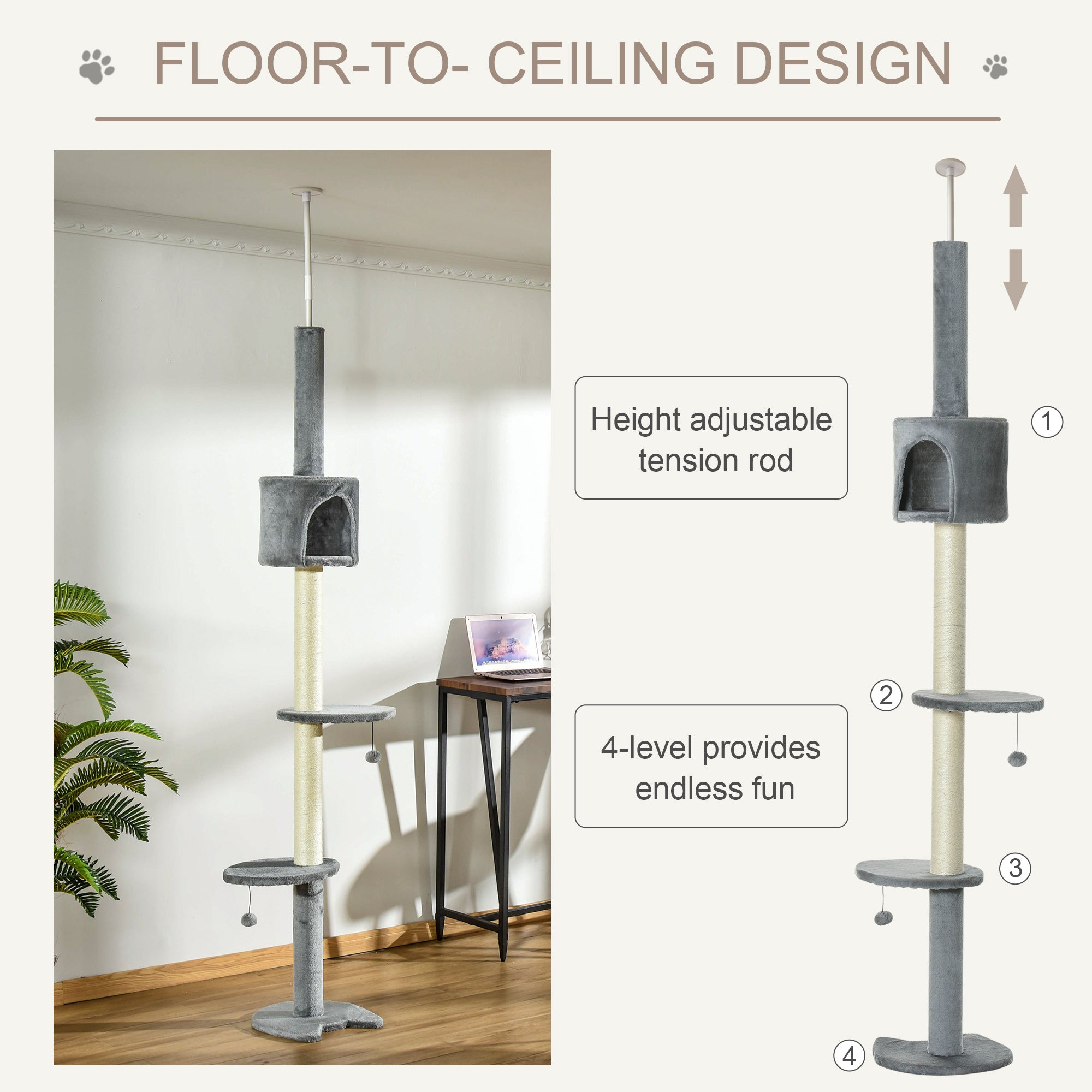 85.5" Cat Tree Height Adjustable Floor-to-Ceiling 4-Tier Kitty Climbing Activity Center Condo Cat Toy with Scratching Post Hanging Balls Play Rest Post Pet Furniture Grey - Light grey - Image 5
