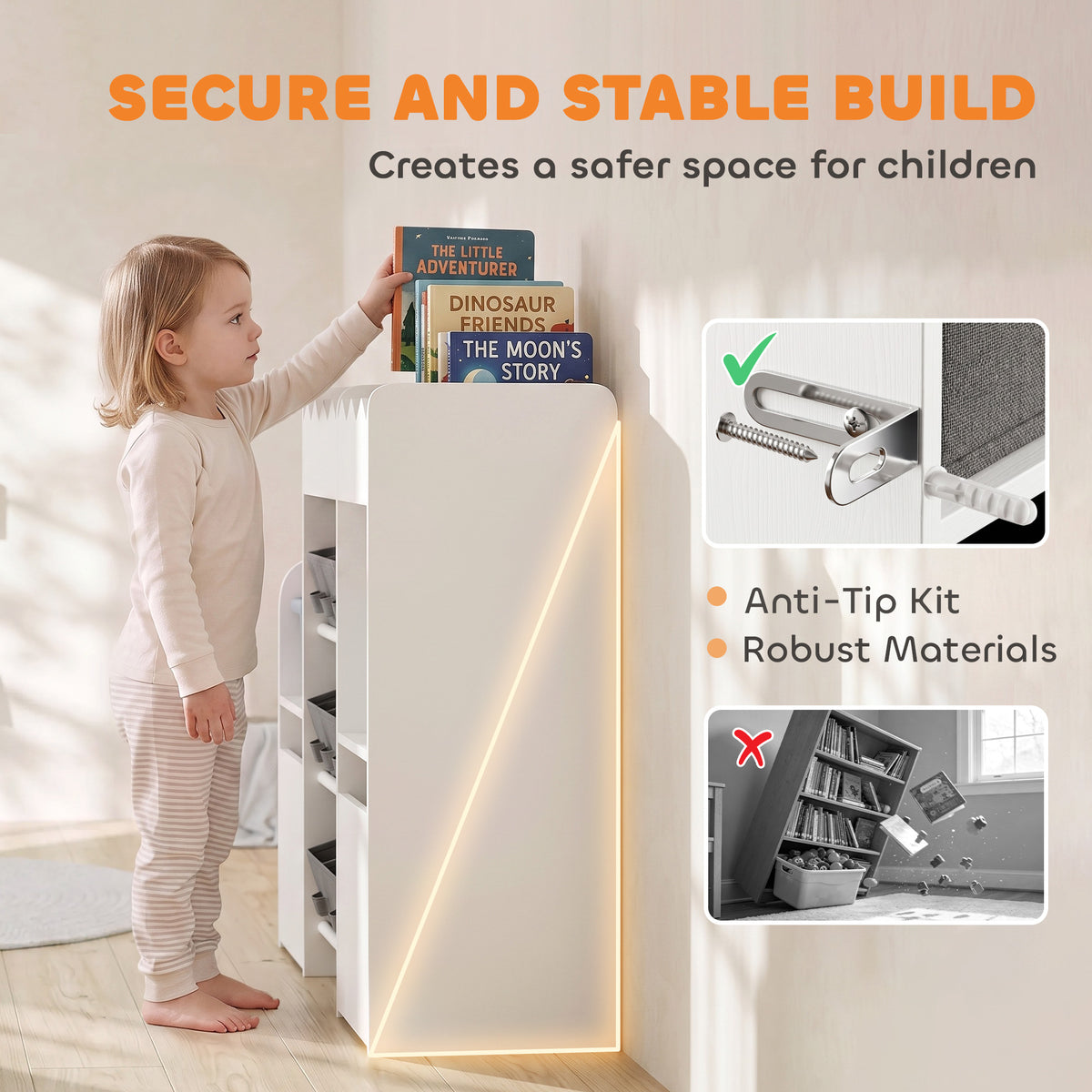 Kids Toy Storage Organizer, Kids Bookshelf with 8 Fabric Bins, 2 Rolling Drawers, Open Shelves for Kids Room, White