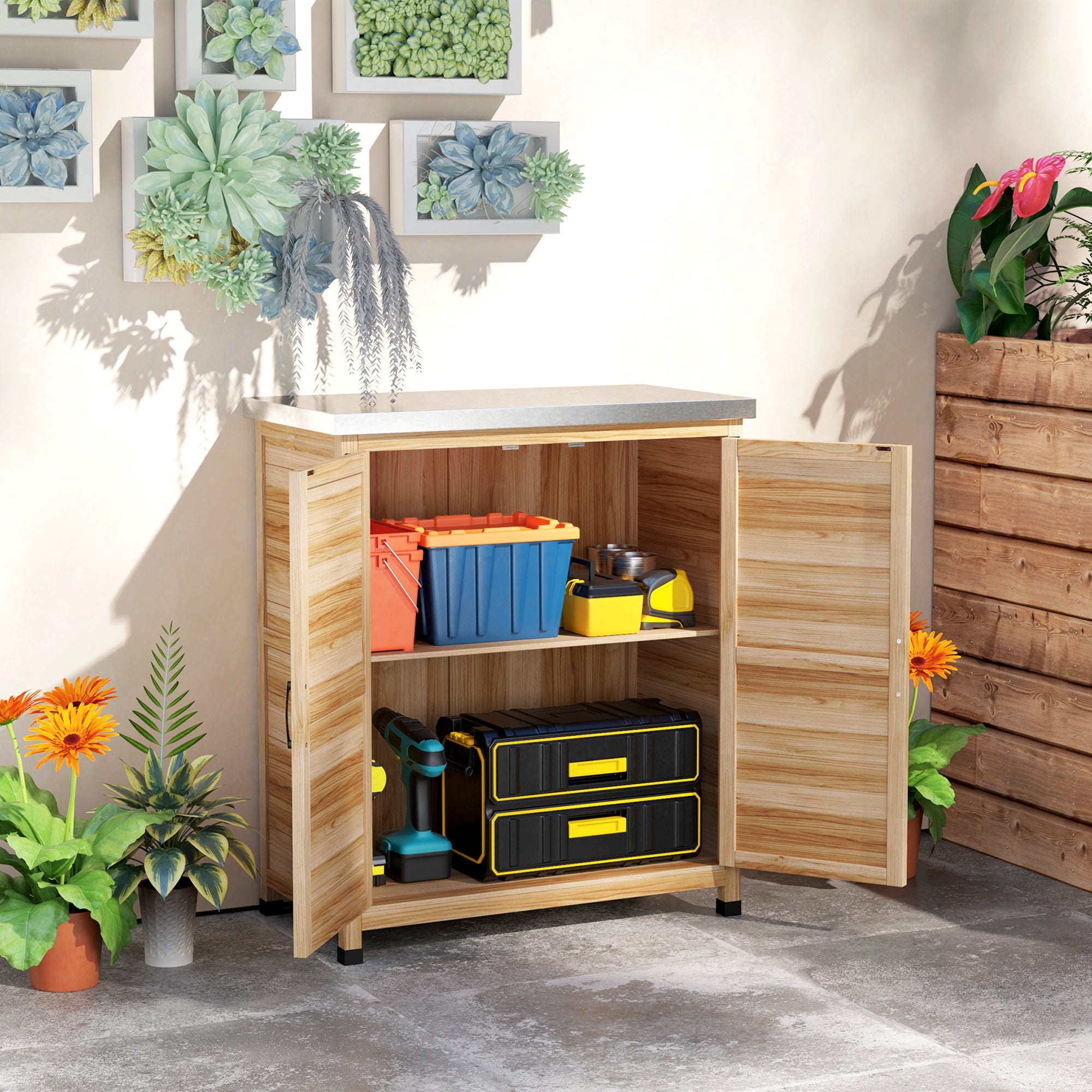 Wooden Storage Cabinet, Outdoor Prep Table w/ Metal Tabletop, Shelves and Double Doors for Patio, Garden, Natural Wood - Natural Wood - Image 2