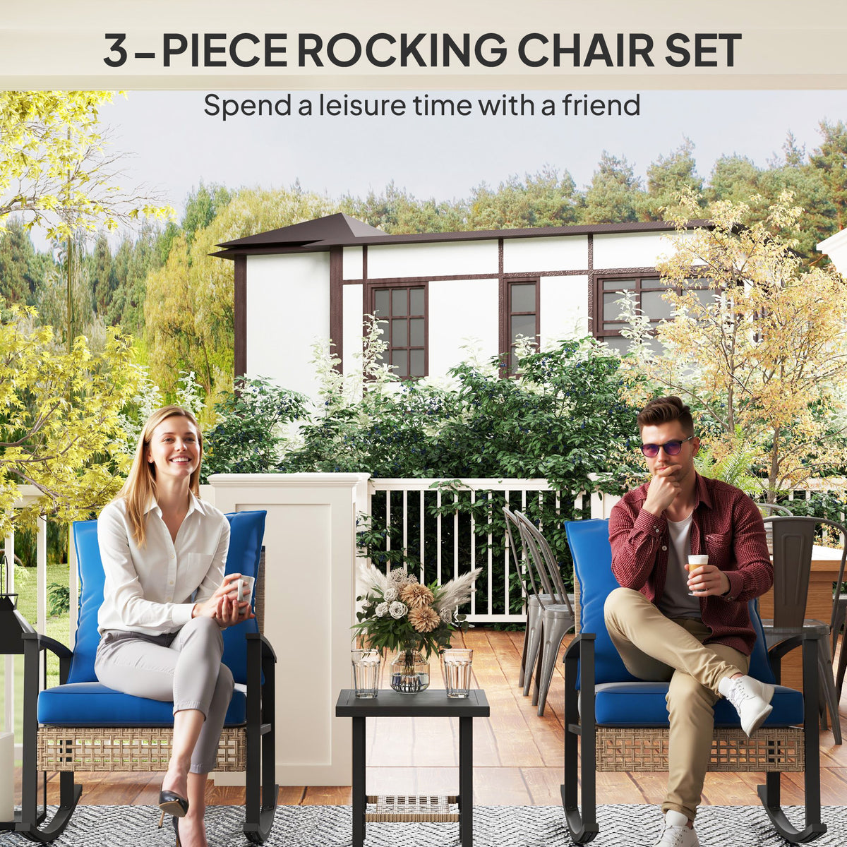 3 Pieces Bistro Set, Patio Wicker Furniture Set with Button Tufted Cushions, Rattan Rocking Chairs, Coffee Table, Blue