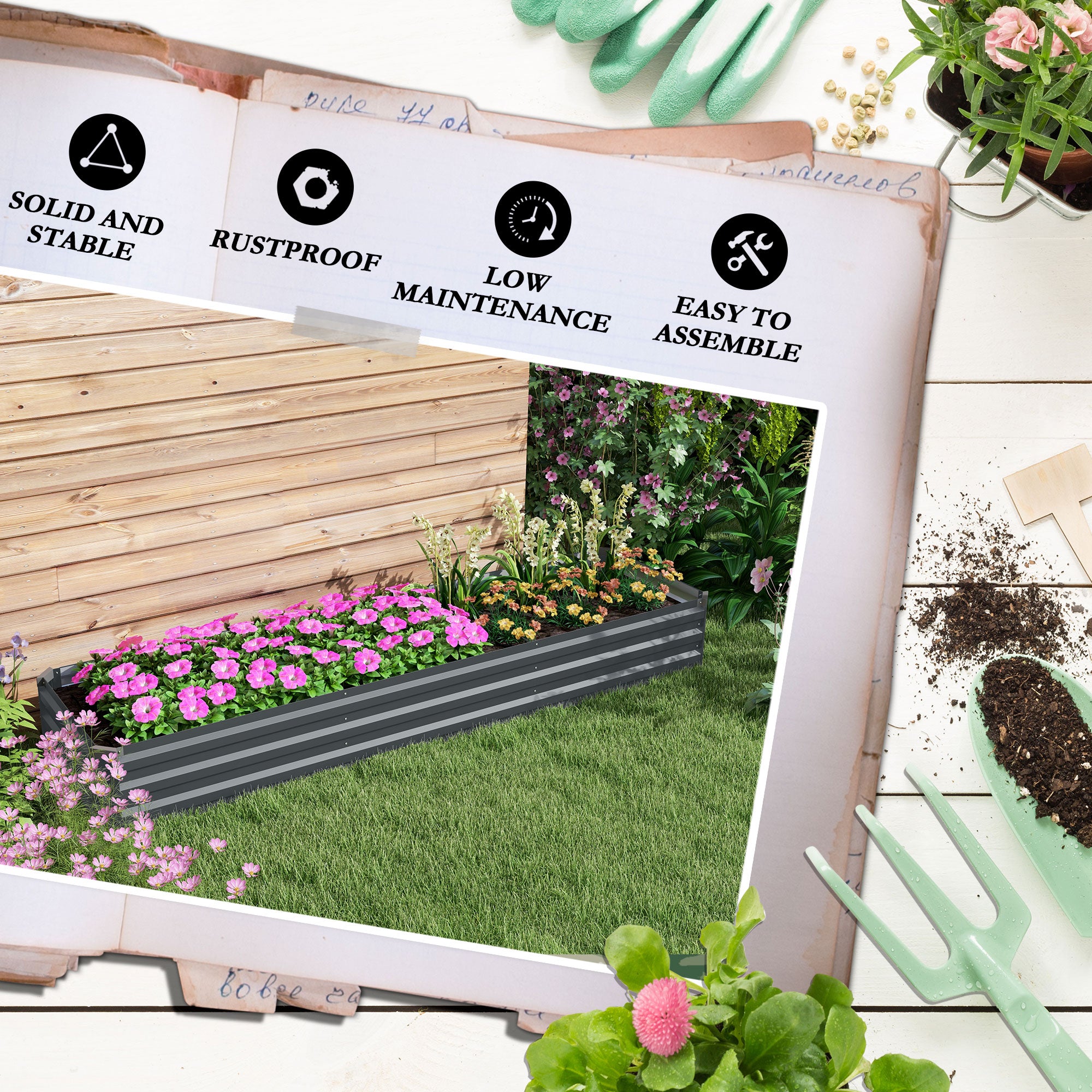 8x2x1ft Galvanized Raised Garden Bed Kit with Safety Edging for Flowers, Herbs and Vegetables, Dark Gray - Dark Gray - Image 7