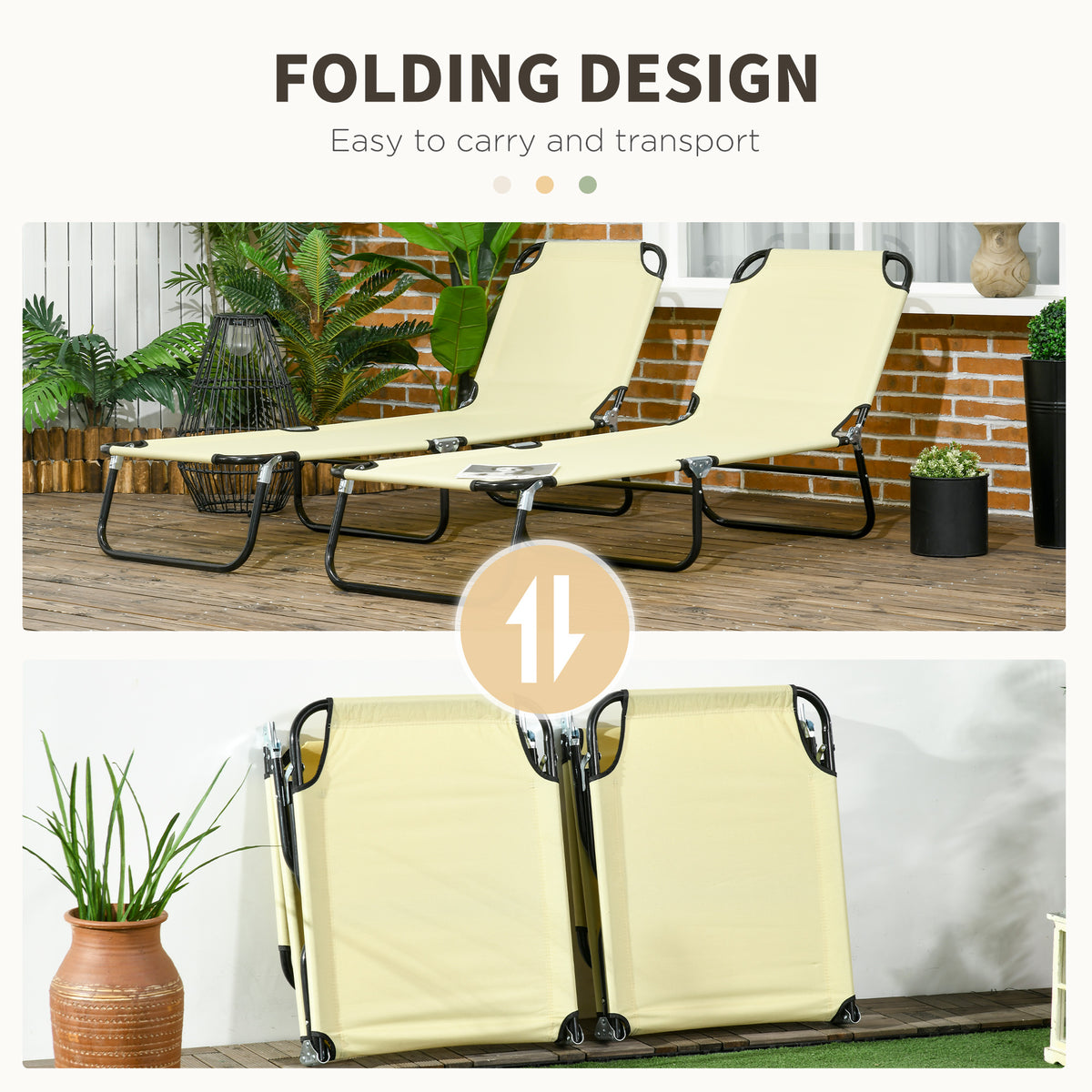 2 Piece Folding Chaise Lounge Pool Chairs, Outdoor Sun Tanning Chairs , Steel Frame for Beach, Yard, Patio, Beige