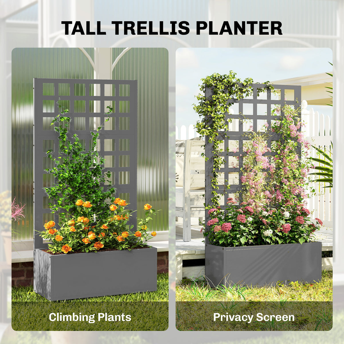 Galvanized Raised Garden Bed Planter Box with Trellis for Climbing Plants, Vegetable, Vines, 24" x 9" x 44.5", Gray