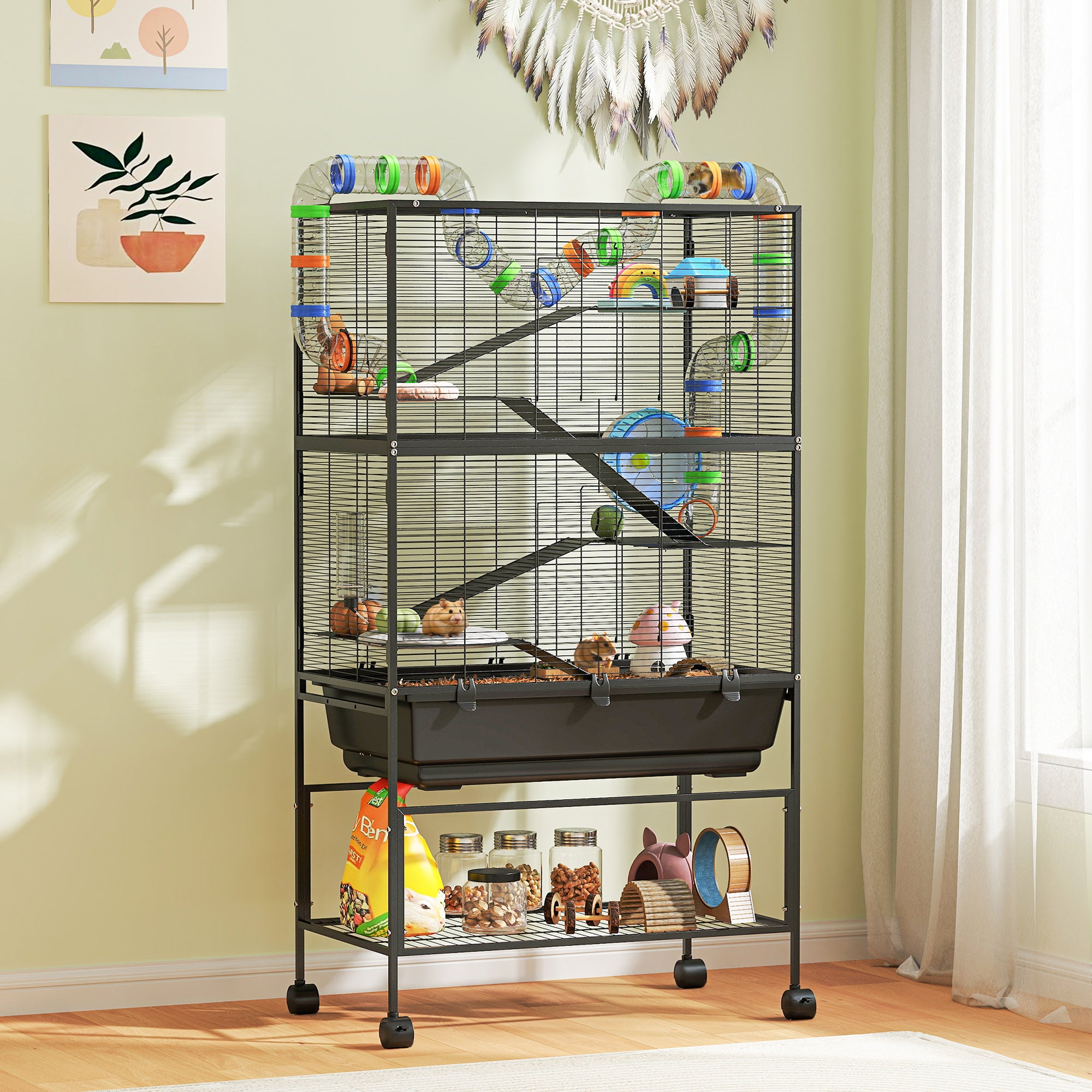 5 Tier Hamster Cage, Rolling Rat Cage with Deep Tray, Storage Shelf, Big Exercise Wheel, Hut, Tube System - Black - Image 2