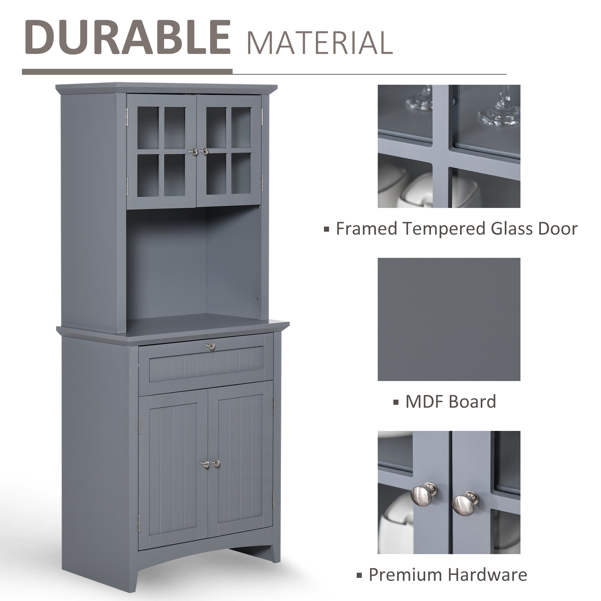 Elegant Buffet with Hutch, Kitchen Pantry Storage Cabinet with Framed Glass Door Drawer and Microwave Space, Gray