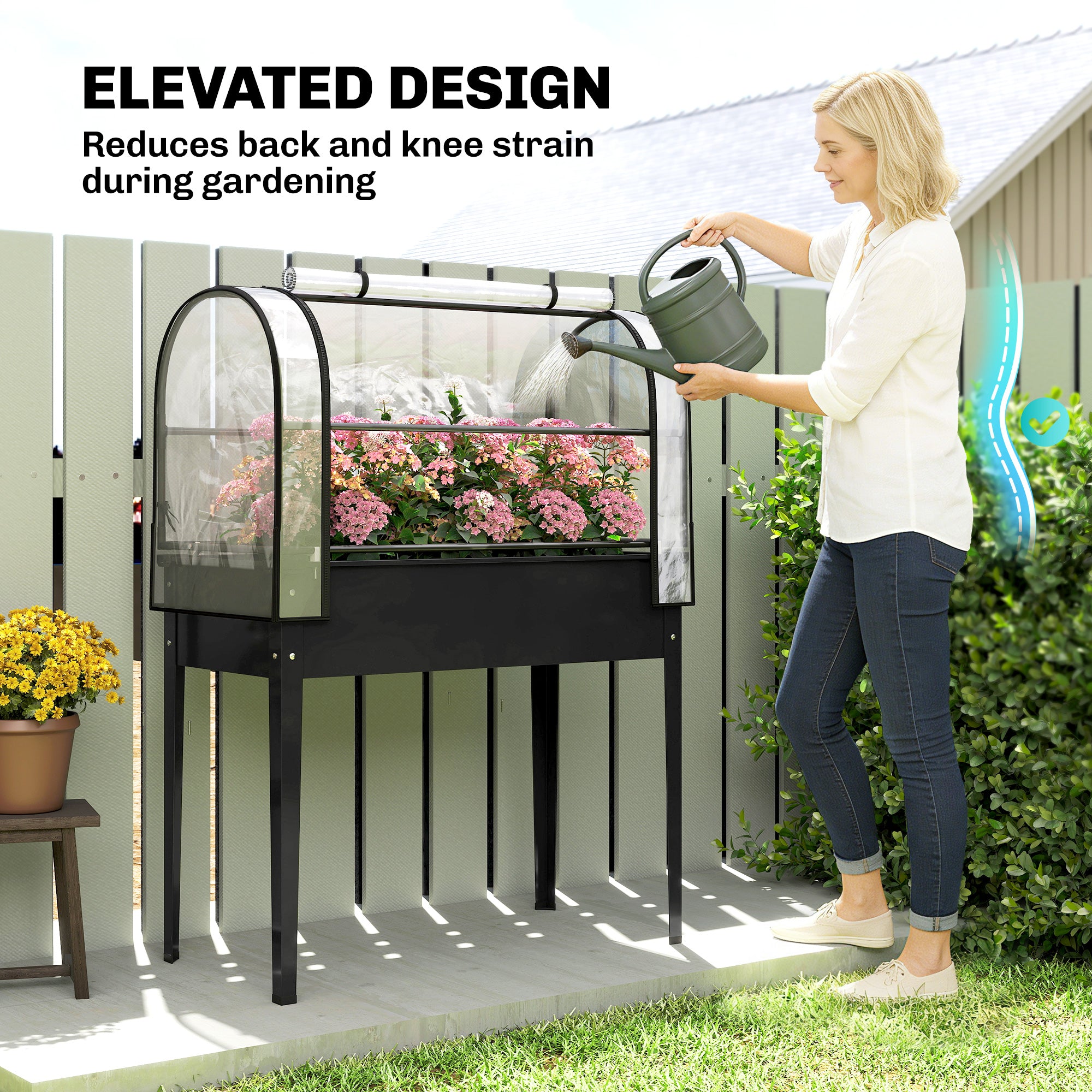 Raised Garden Bed with Flip-Up Greenhouse Cover, Metal Elevated Garden Bed with Legs and Drainage Hole, Black - Black - Image 7