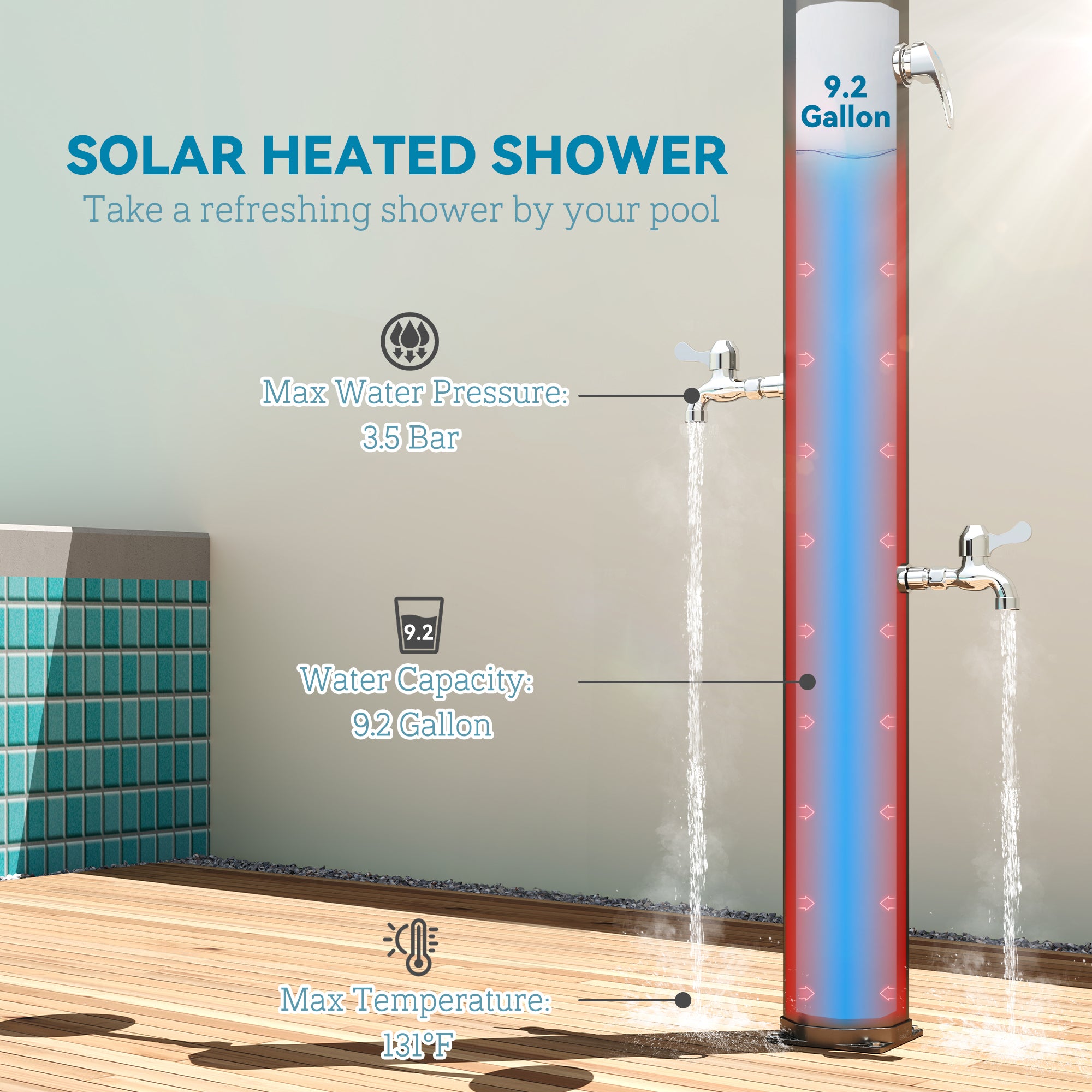 9.2 Gallon Slolar Heated Outdoor Shower with 2 Free-Rotating Shower Heads and Foot Showers for Poolside Beach Spa, 7.1ft