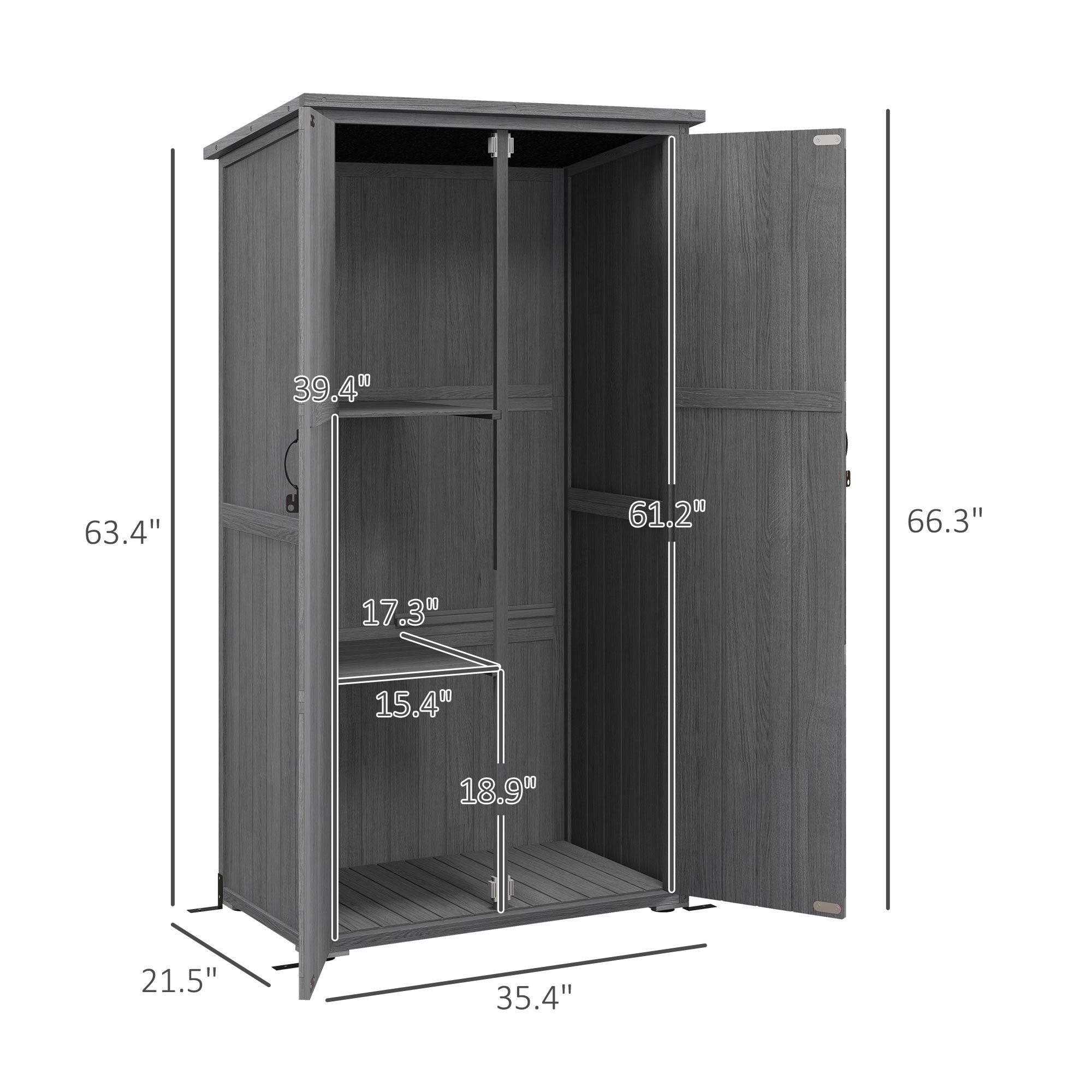 Wooden Outdoor Storage Cabinet Garden Shed with Waterproof Asphalt Roof and Lockable Doors, Gray - Gray - Image 3