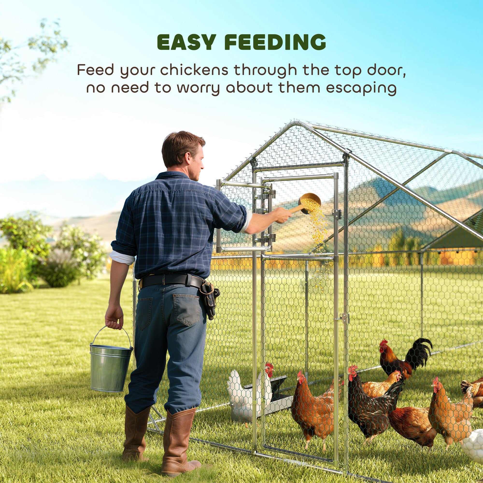 Metal Chicken Run w/ Waterproof & Anti-UV Cover, Feeding Door, Hanging Feeder, for 18-24 Chickens, 9.8' x 19.7' x 6.4' - Silver - Image 8