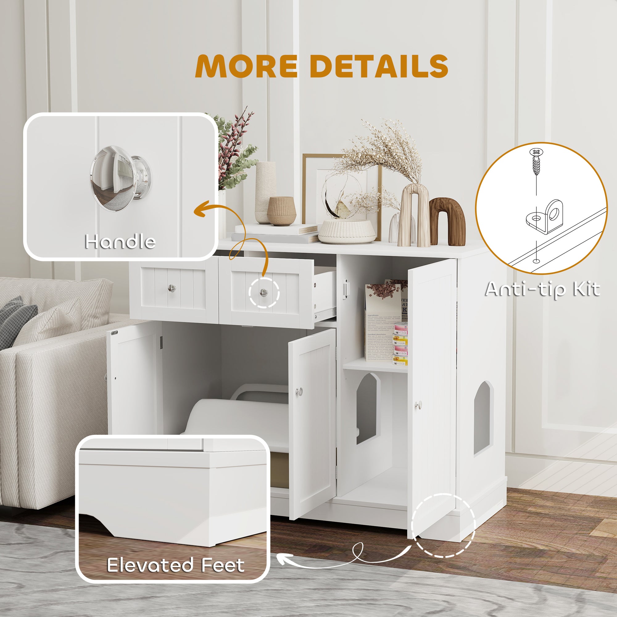 Cat Litter Box Enclosure with Drawers, Storage, Anti-tip Kit, 39" x 18" x 31.5", White - White - Image 7