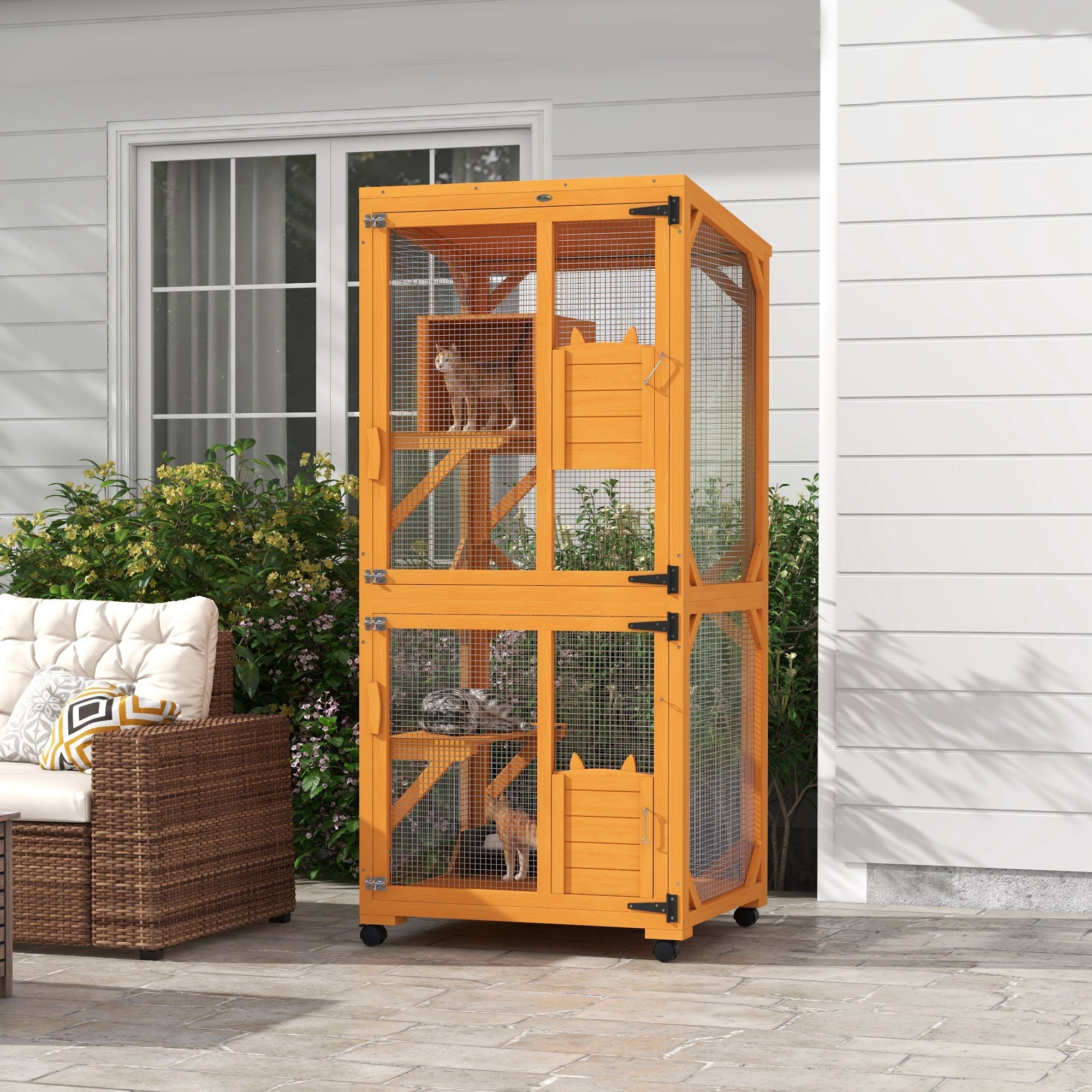 Large Cat House for 1-3 Cats on Wheels Wooden Catio Enclosure Orange - Orange - Image 2