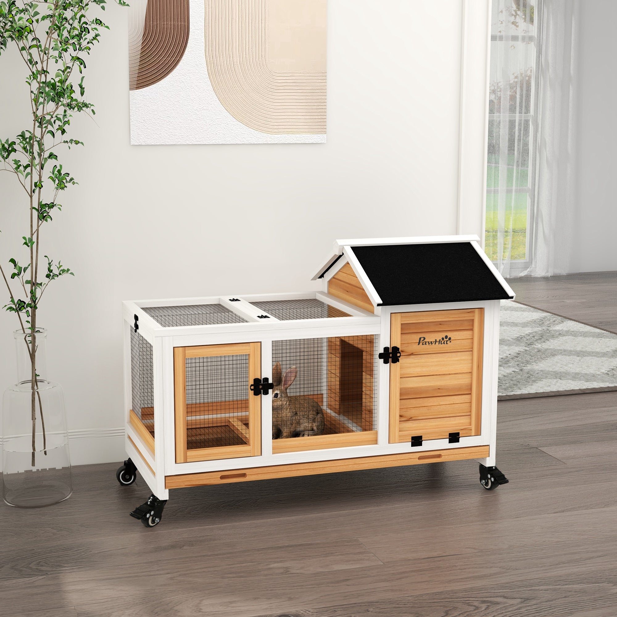 Wooden Rabbit Hutch with Wheels, Run, Slide-out Tray for Small Animals, Guinea Pig, Yellow - Yellow - Image 2